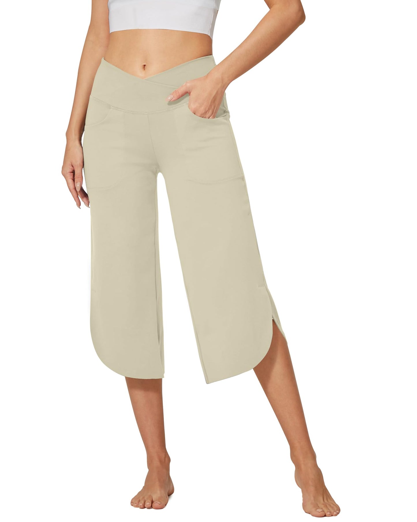 G4Free Capri Pants for Women Wide Leg Yoga Pants for Summer Flowy Capris Loose Casual Cropped Pants with Pockets