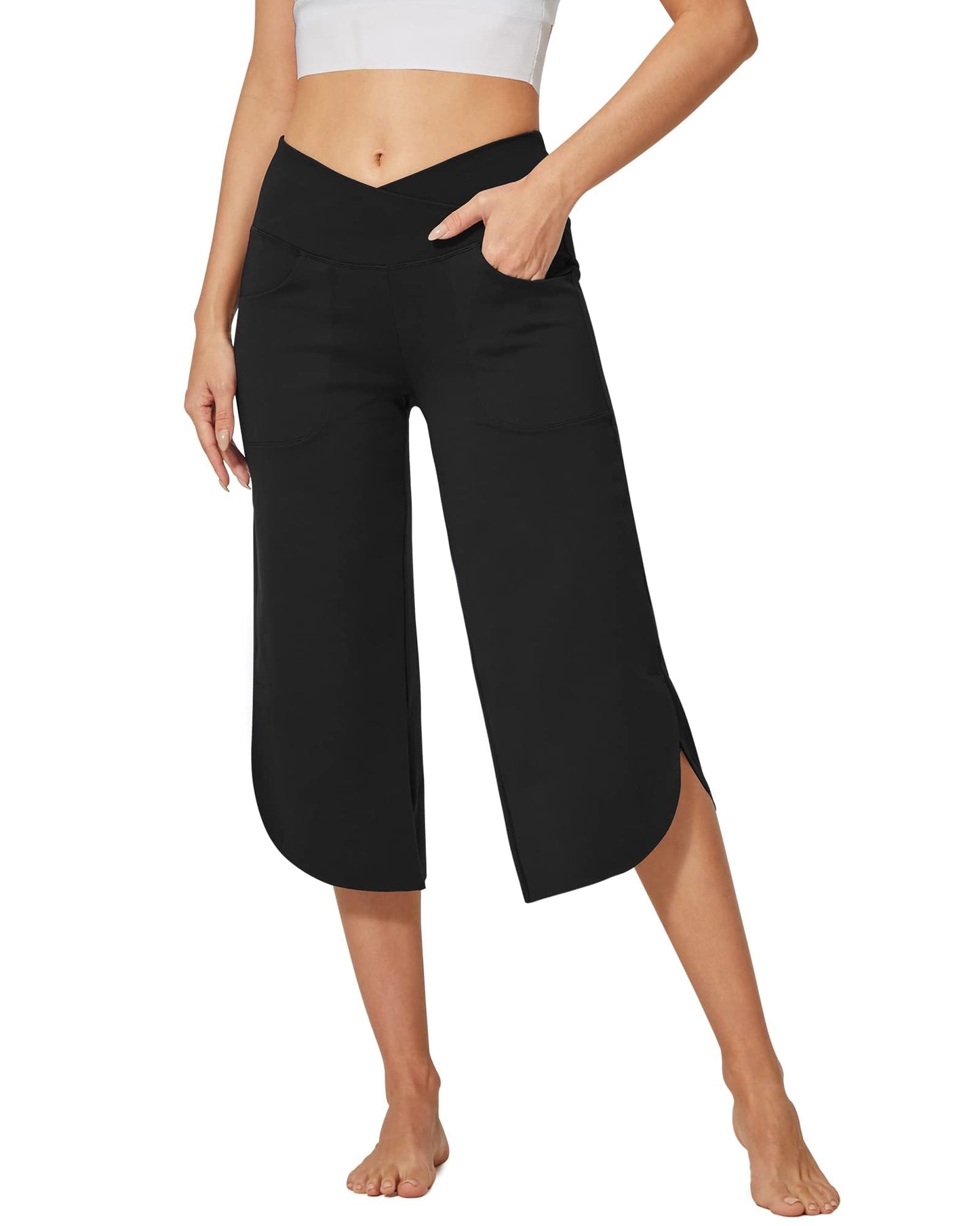 G4Free Capri Pants for Women Wide Leg Yoga Pants for Summer Flowy Capris Loose Casual Cropped Pants with Pockets