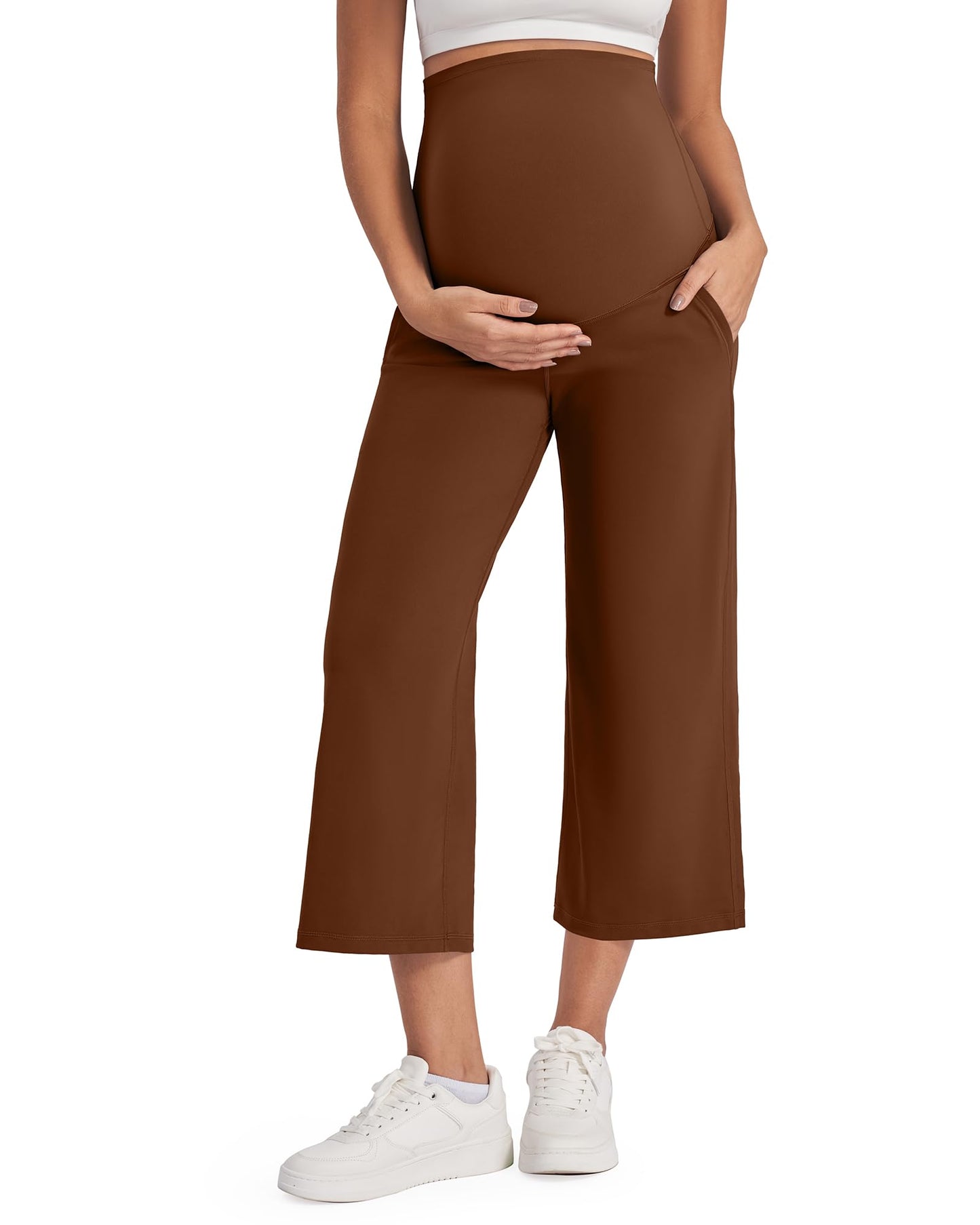 G4Free Wide Leg Maternity Yoga Capris Over The Belly Stretch Pregnancy Cropped Pants with Pockets