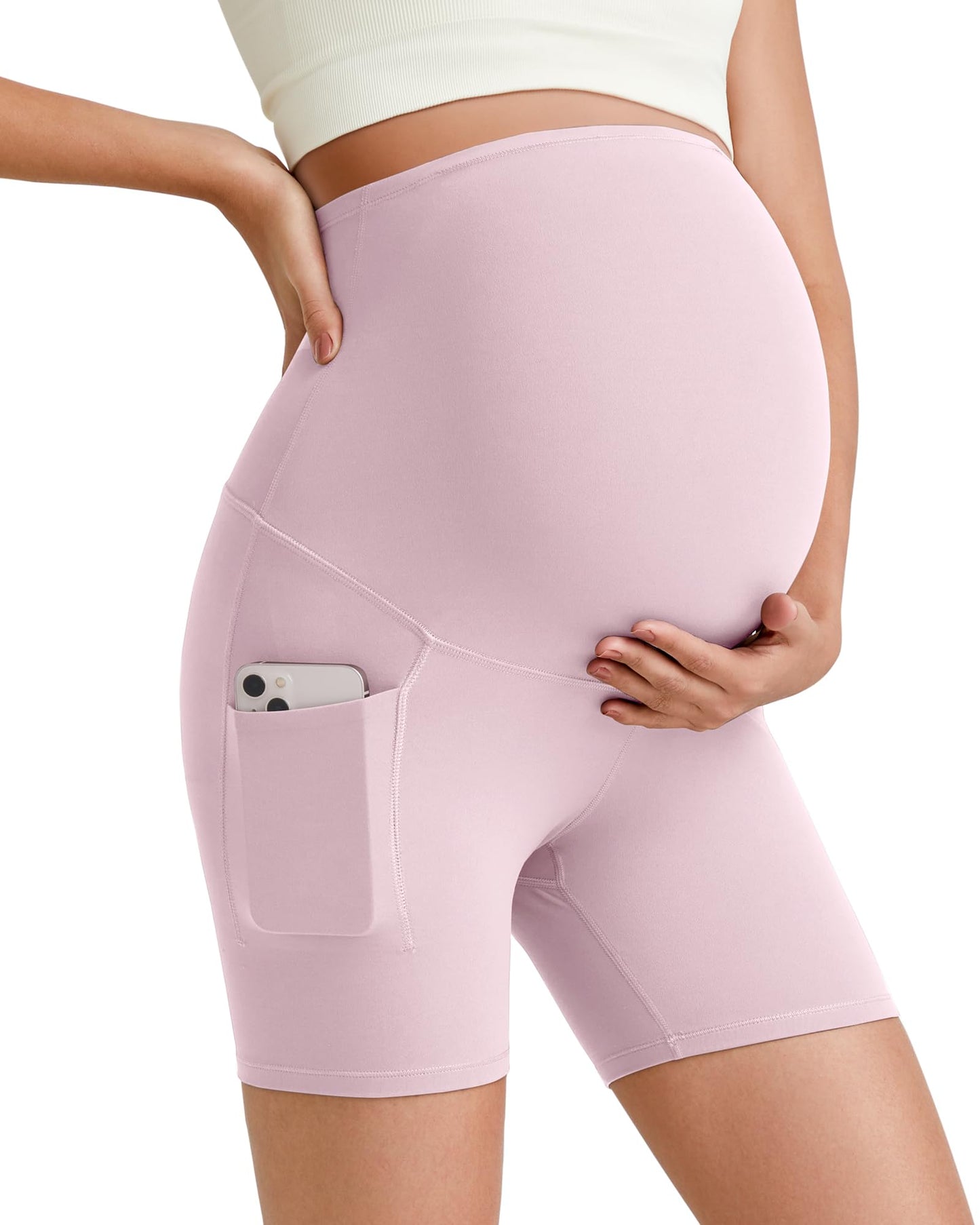 G4Free Barefeel Maternity Biker Shorts with Pockets Over The Belly Legging 5" Pregnancy Yoga Pants Athletic Workout