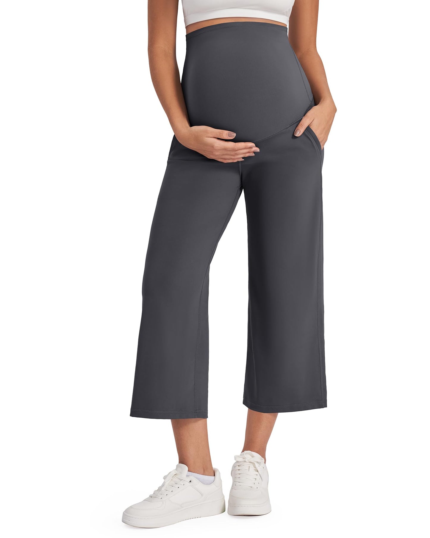 G4Free Wide Leg Maternity Yoga Capris Over The Belly Stretch Pregnancy Cropped Pants with Pockets