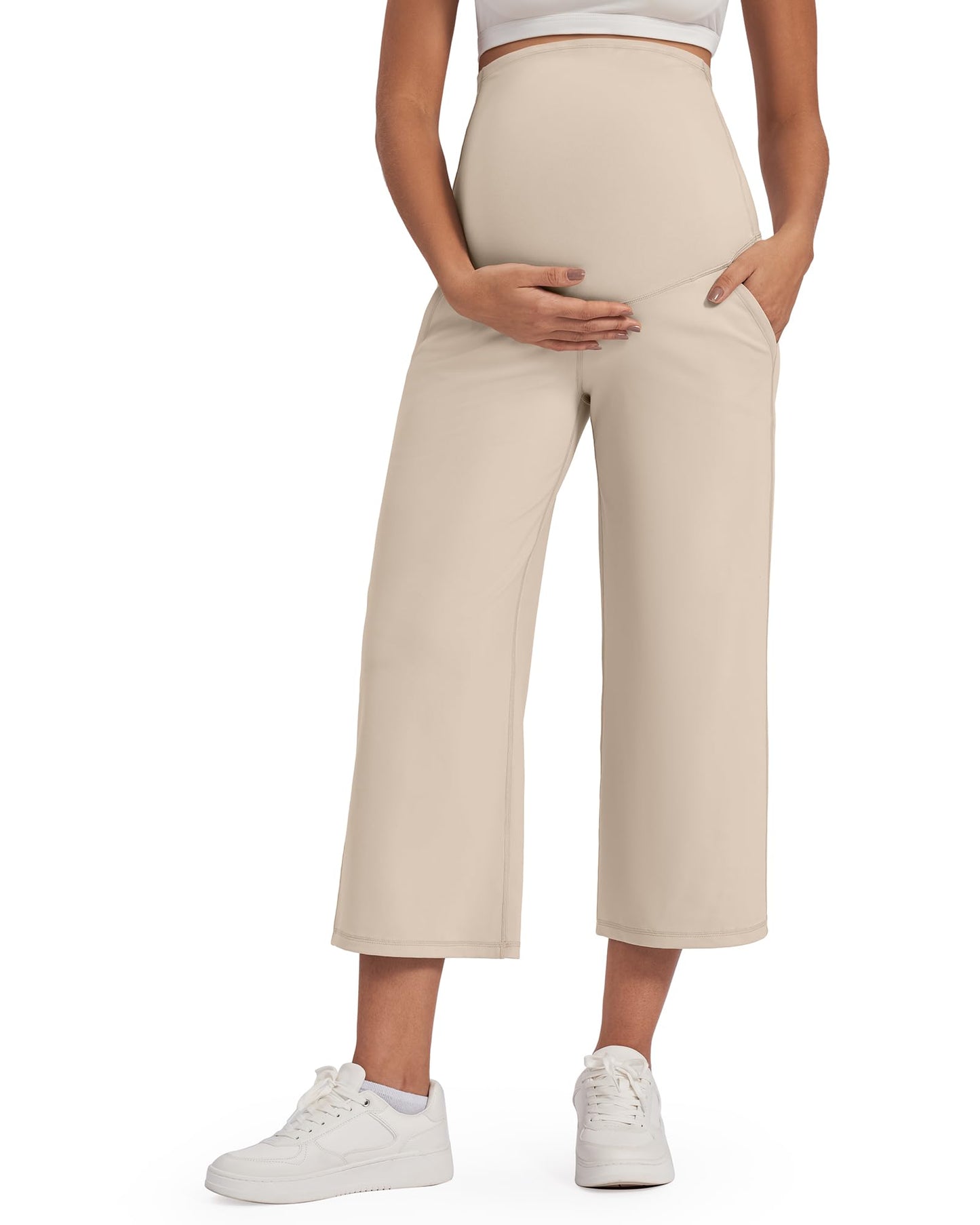 G4Free Wide Leg Maternity Yoga Capris Over The Belly Stretch Pregnancy Cropped Pants with Pockets