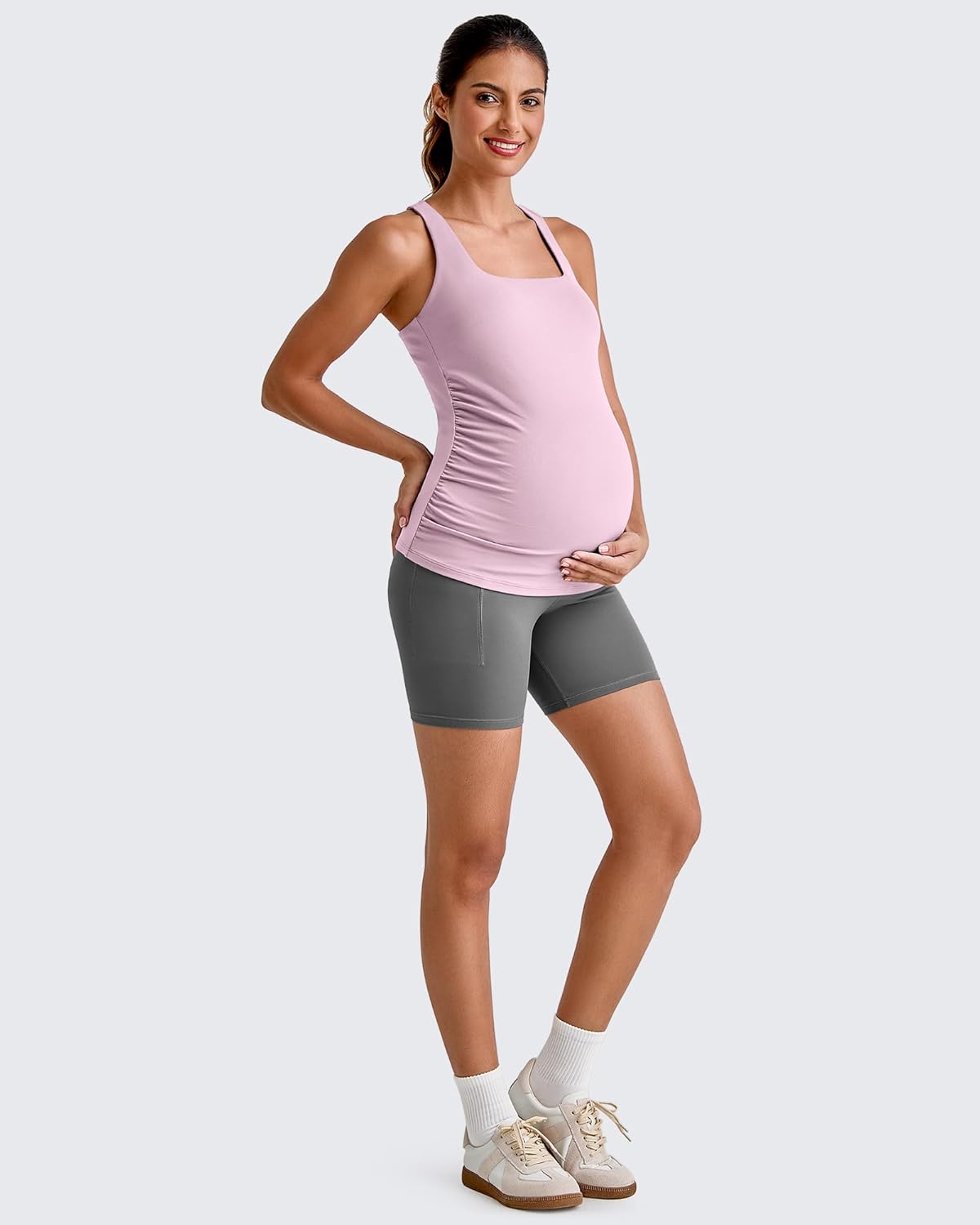 G4Free BareFeel Maternity Racerback Tank Tops with Built in Bra Ruched Sleeveless Square Neck Pregnancy Yoga Workout Shirts