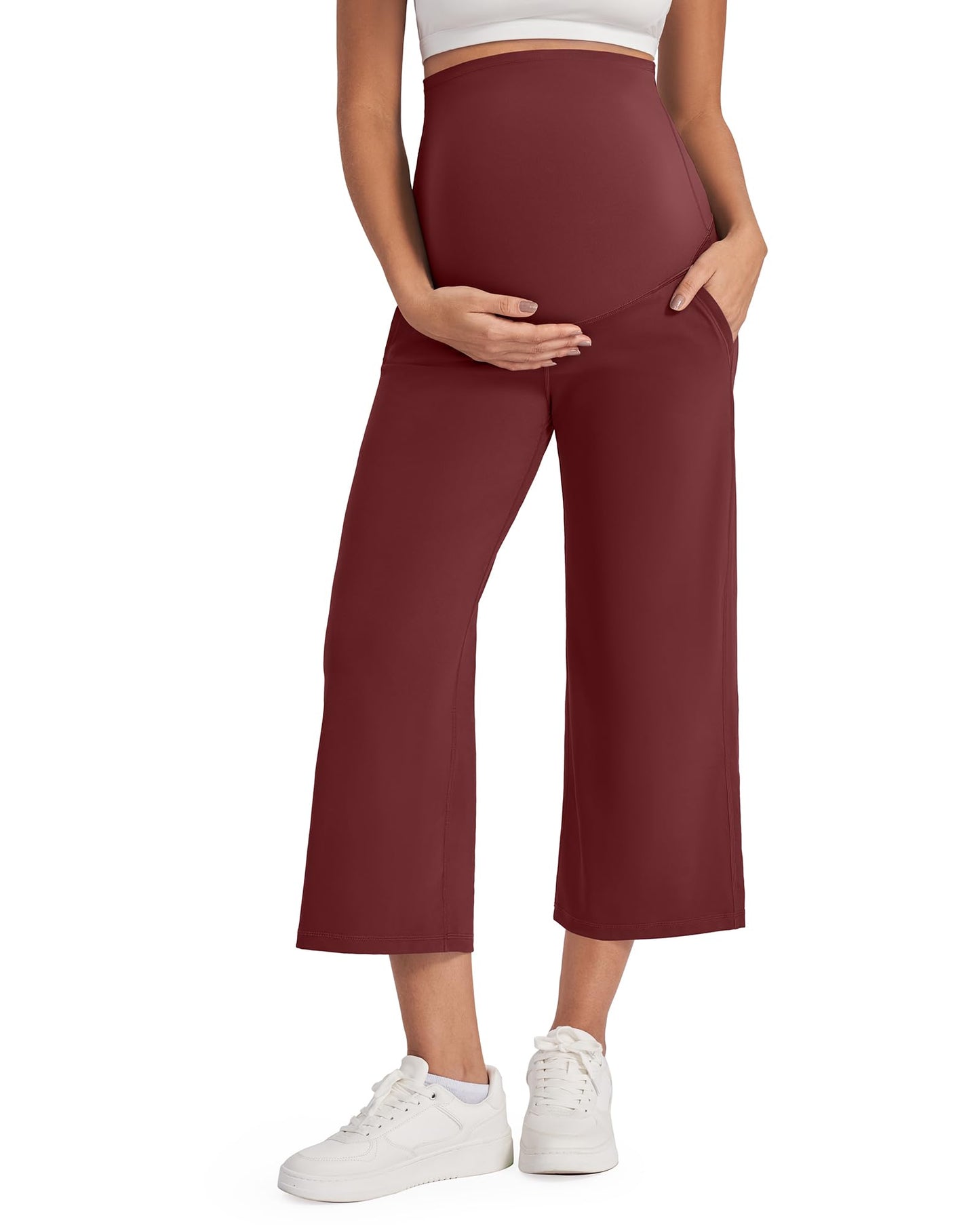 G4Free Wide Leg Maternity Yoga Capris Over The Belly Stretch Pregnancy Cropped Pants with Pockets