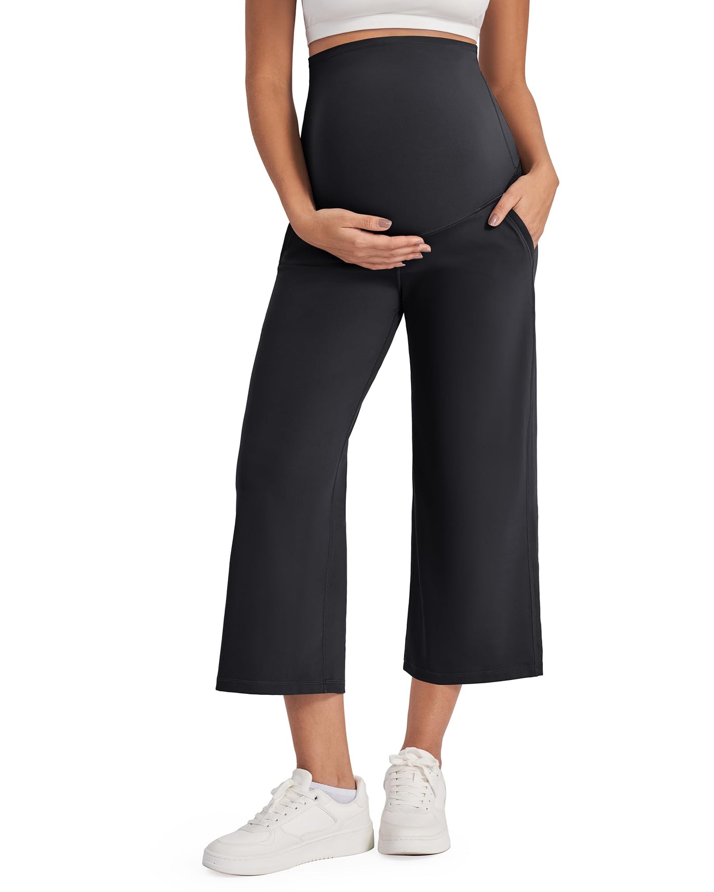 G4Free Wide Leg Maternity Yoga Capris Over The Belly Stretch Pregnancy Cropped Pants with Pockets