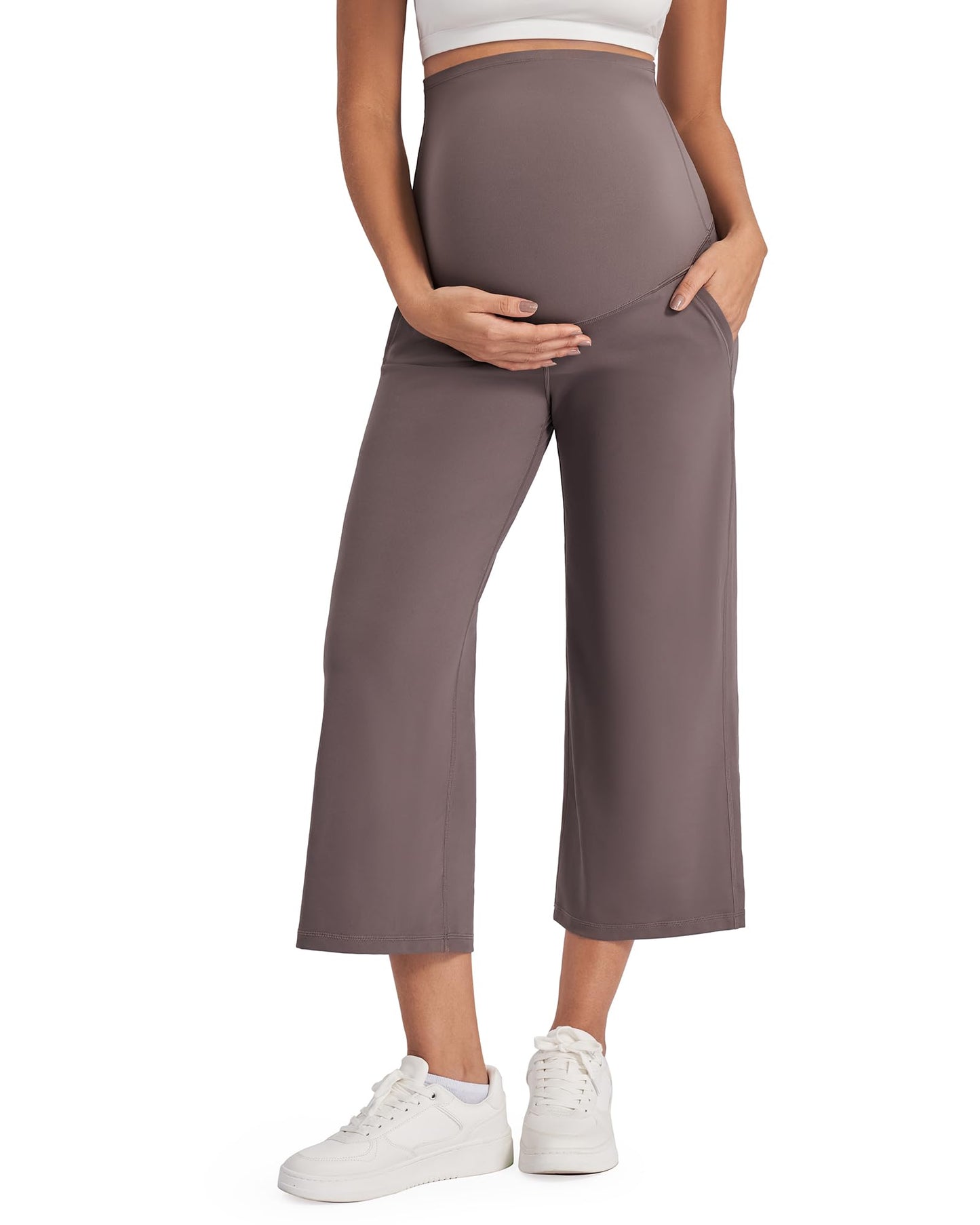 G4Free Wide Leg Maternity Yoga Capris Over The Belly Stretch Pregnancy Cropped Pants with Pockets