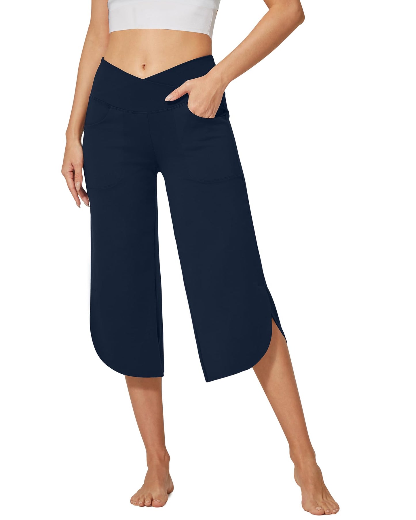 G4Free Capri Pants for Women Wide Leg Yoga Pants for Summer Flowy Capris Loose Casual Cropped Pants with Pockets