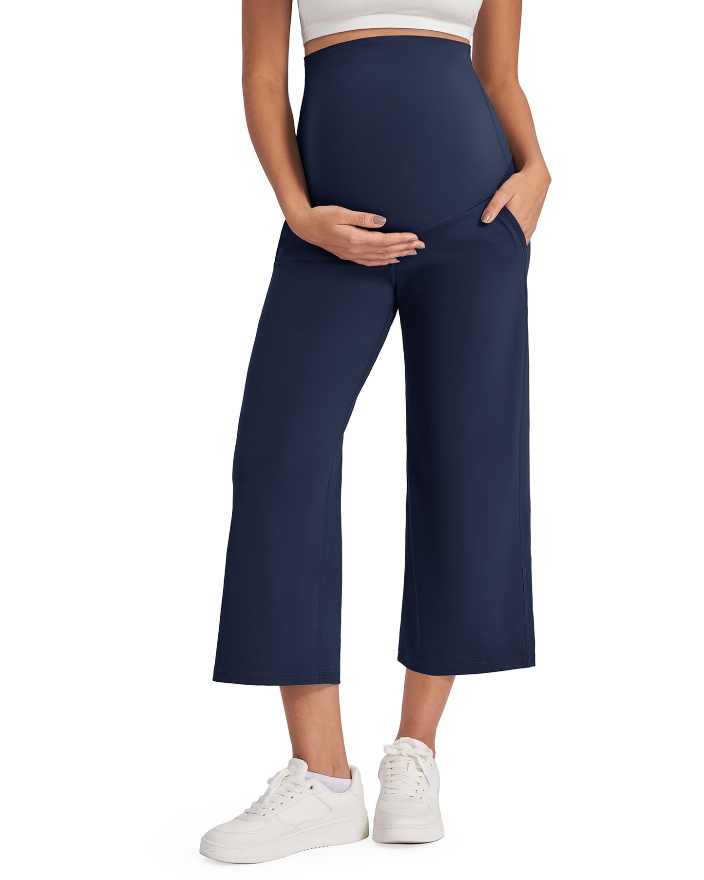 G4Free Wide Leg Maternity Yoga Capris Over The Belly Stretch Pregnancy Cropped Pants with Pockets