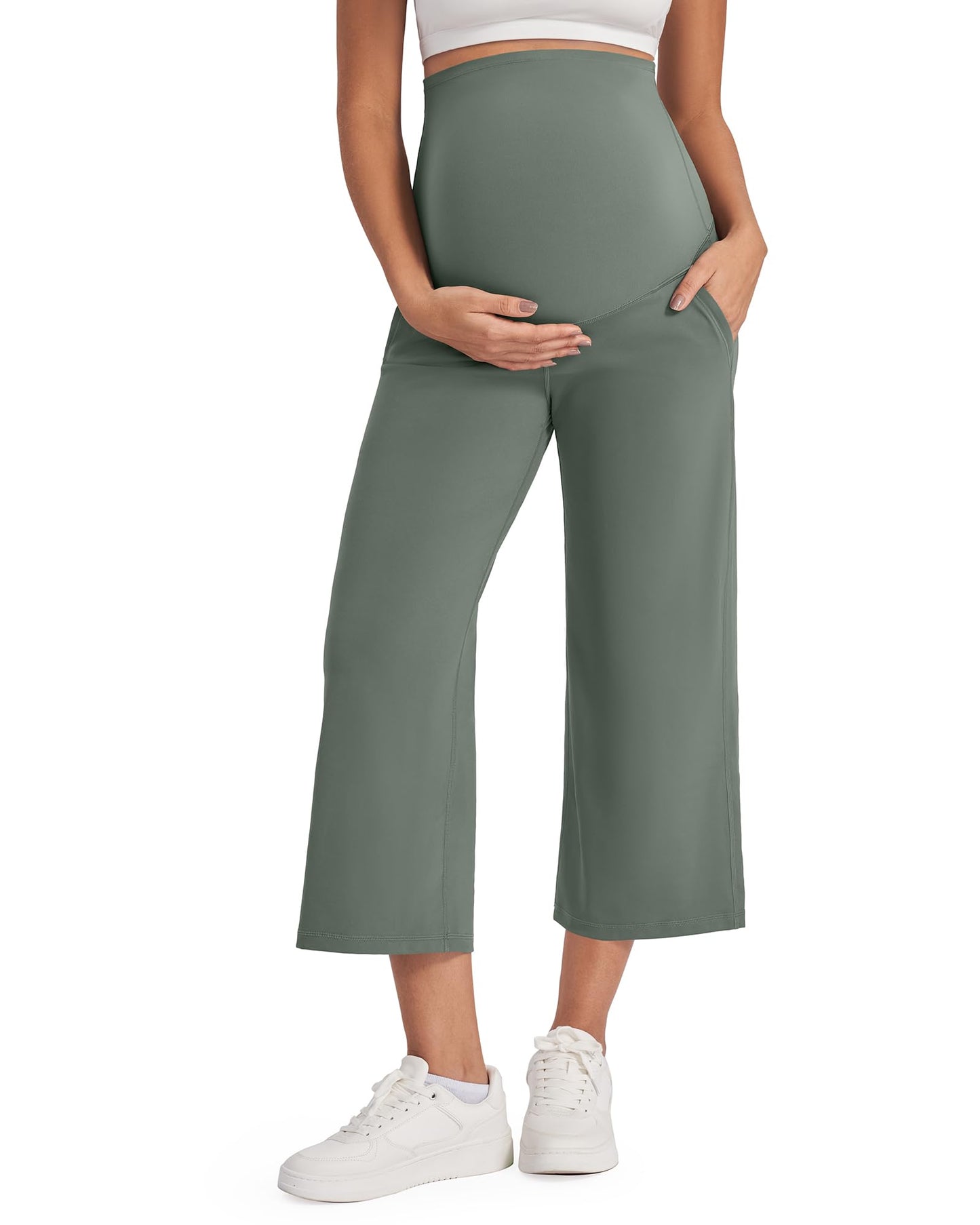 G4Free Wide Leg Maternity Yoga Capris Over The Belly Stretch Pregnancy Cropped Pants with Pockets