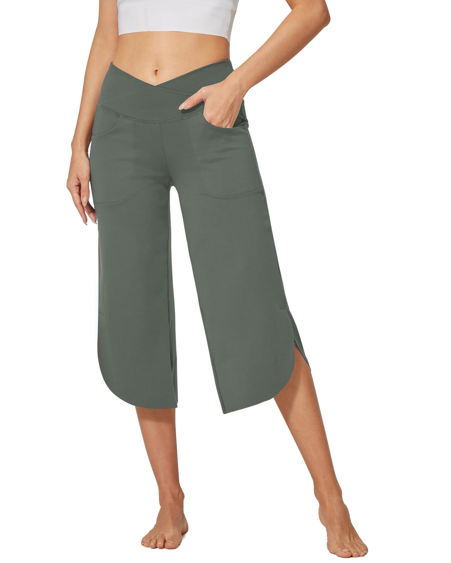 G4Free Capri Pants for Women Wide Leg Yoga Pants for Summer Flowy Capris Loose Casual Cropped Pants with Pockets