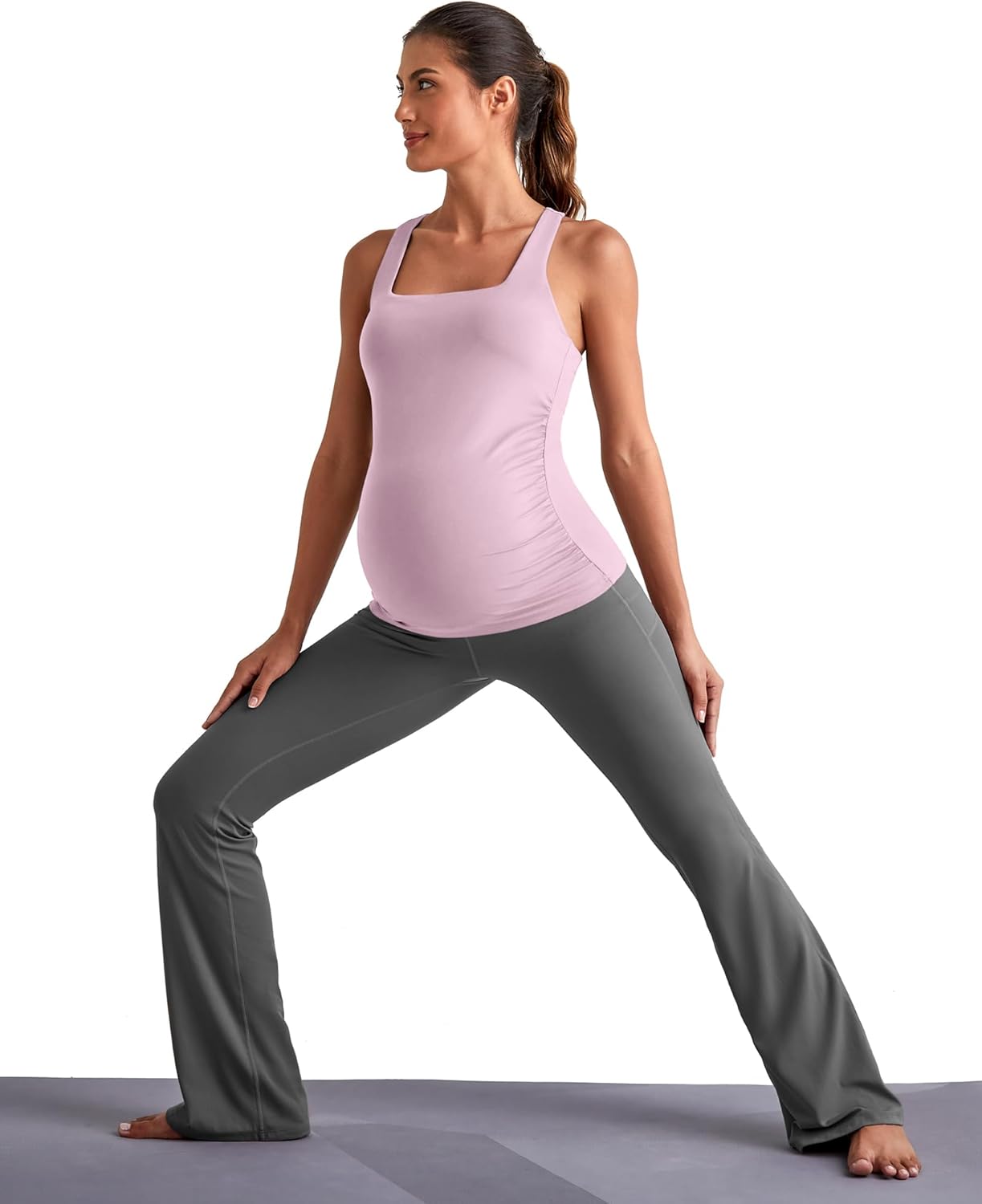 G4Free BareFeel Maternity Racerback Tank Tops with Built in Bra Ruched Sleeveless Square Neck Pregnancy Yoga Workout Shirts