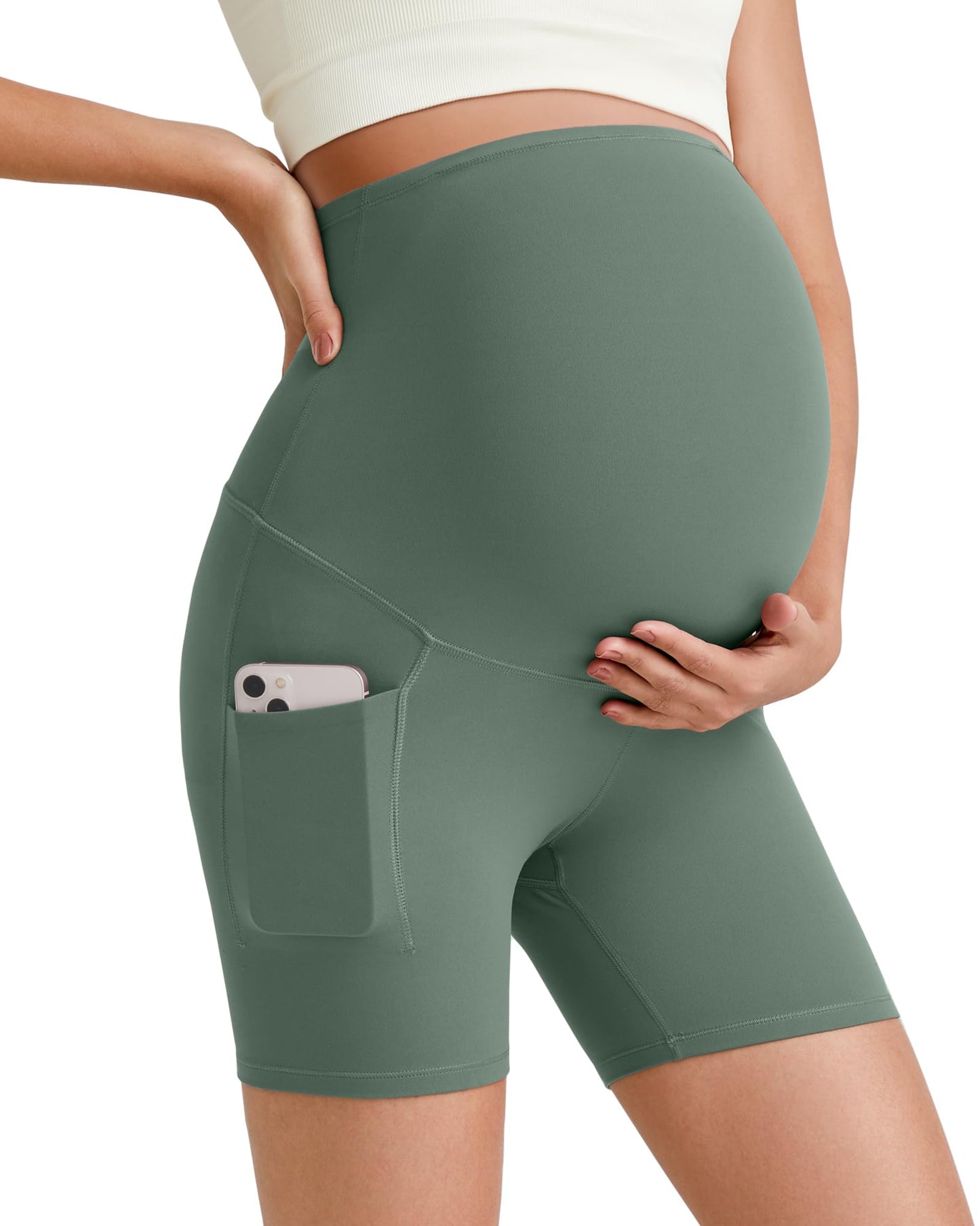 G4Free Barefeel Maternity Biker Shorts with Pockets Over The Belly Legging 5" Pregnancy Yoga Pants Athletic Workout
