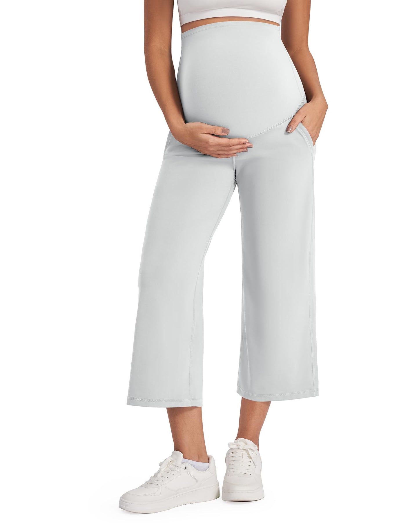 G4Free Wide Leg Maternity Yoga Capris Over The Belly Stretch Pregnancy Cropped Pants with Pockets