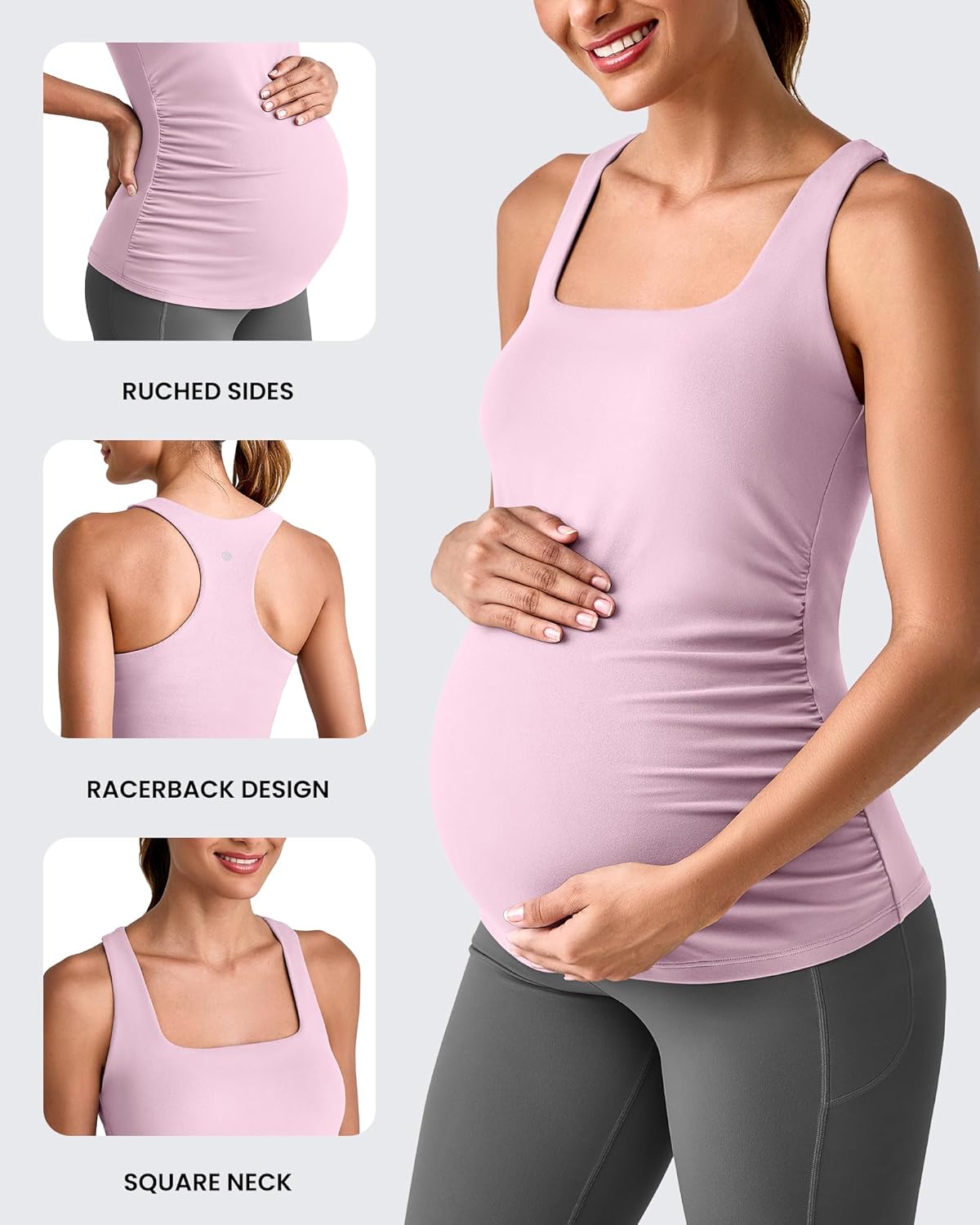 G4Free BareFeel Maternity Racerback Tank Tops with Built in Bra Ruched Sleeveless Square Neck Pregnancy Yoga Workout Shirts