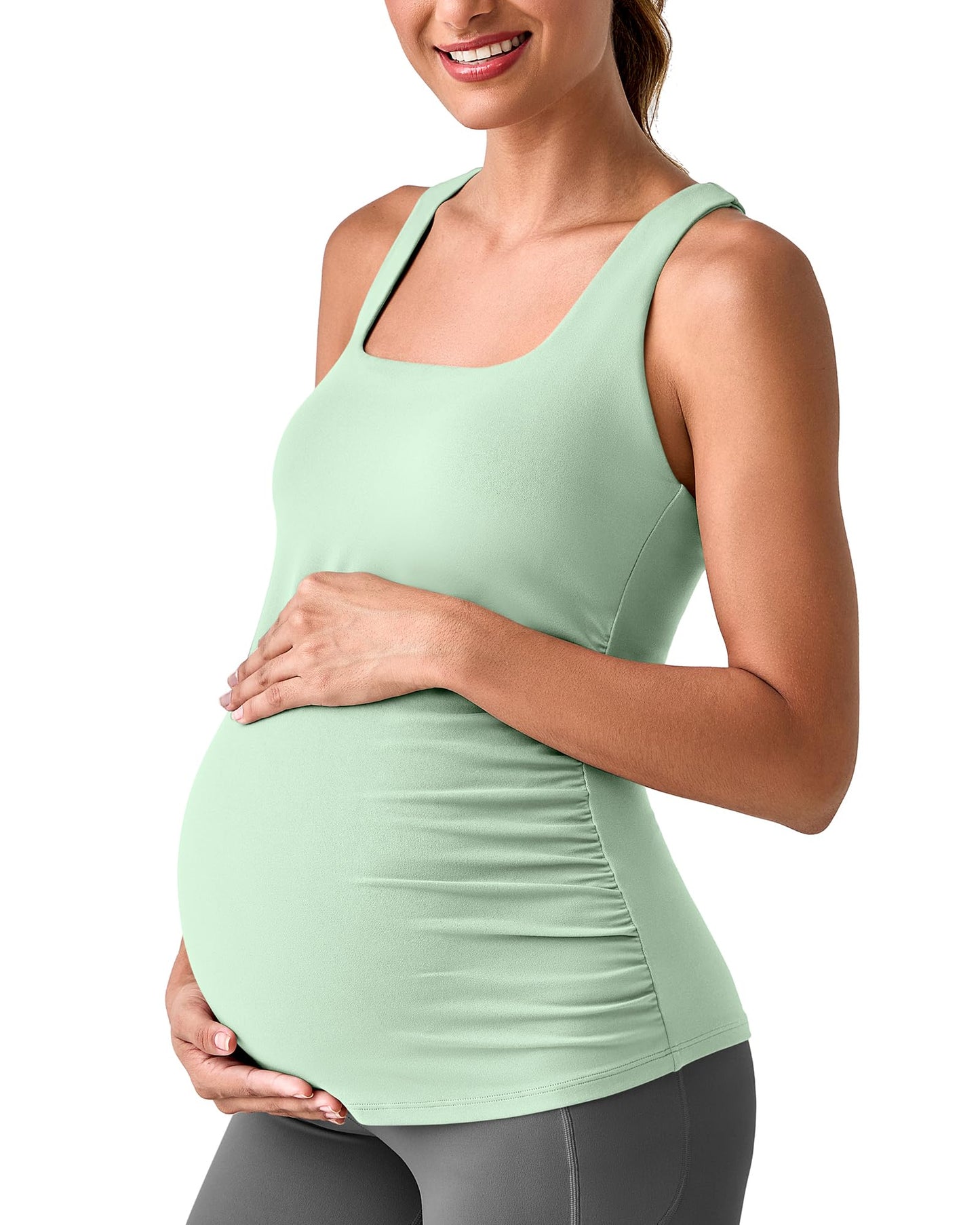 G4Free BareFeel Maternity Racerback Tank Tops with Built in Bra Ruched Sleeveless Square Neck Pregnancy Yoga Workout Shirts