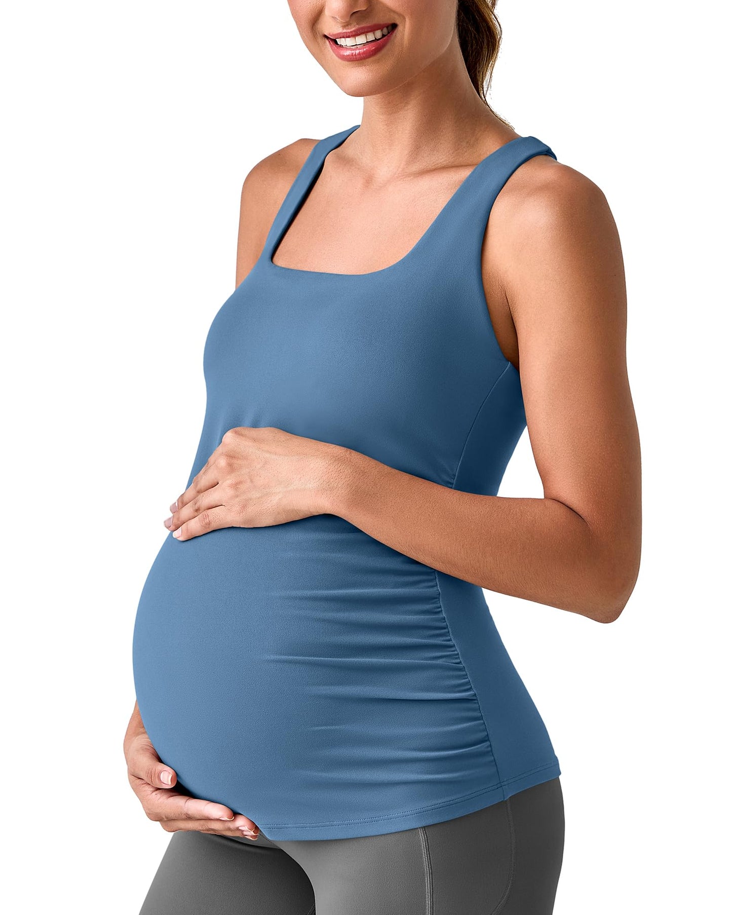 G4Free BareFeel Maternity Racerback Tank Tops with Built in Bra Ruched Sleeveless Square Neck Pregnancy Yoga Workout Shirts