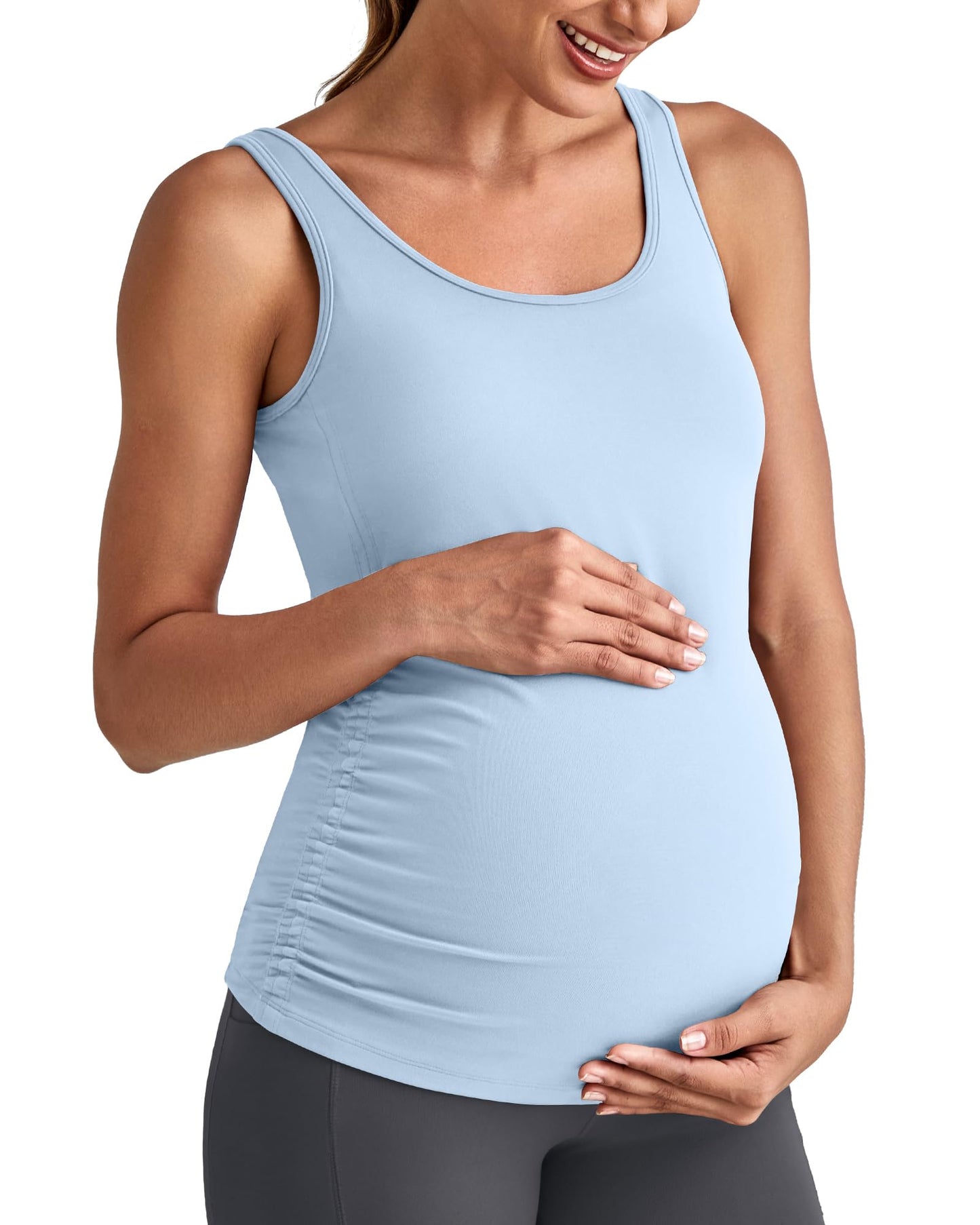 G4Free BareFeel Built in Bra Maternity Tank Tops with Removable Pads Ruched Sleeveless Stretchy Pregnancy Yoga Workout Shirts