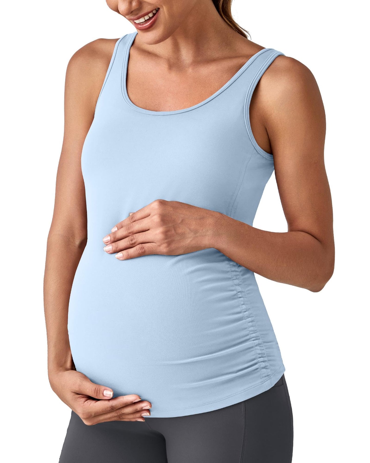 G4Free BareFeel Built in Bra Maternity Tank Tops with Removable Pads Ruched Sleeveless Stretchy Pregnancy Yoga Workout Shirts