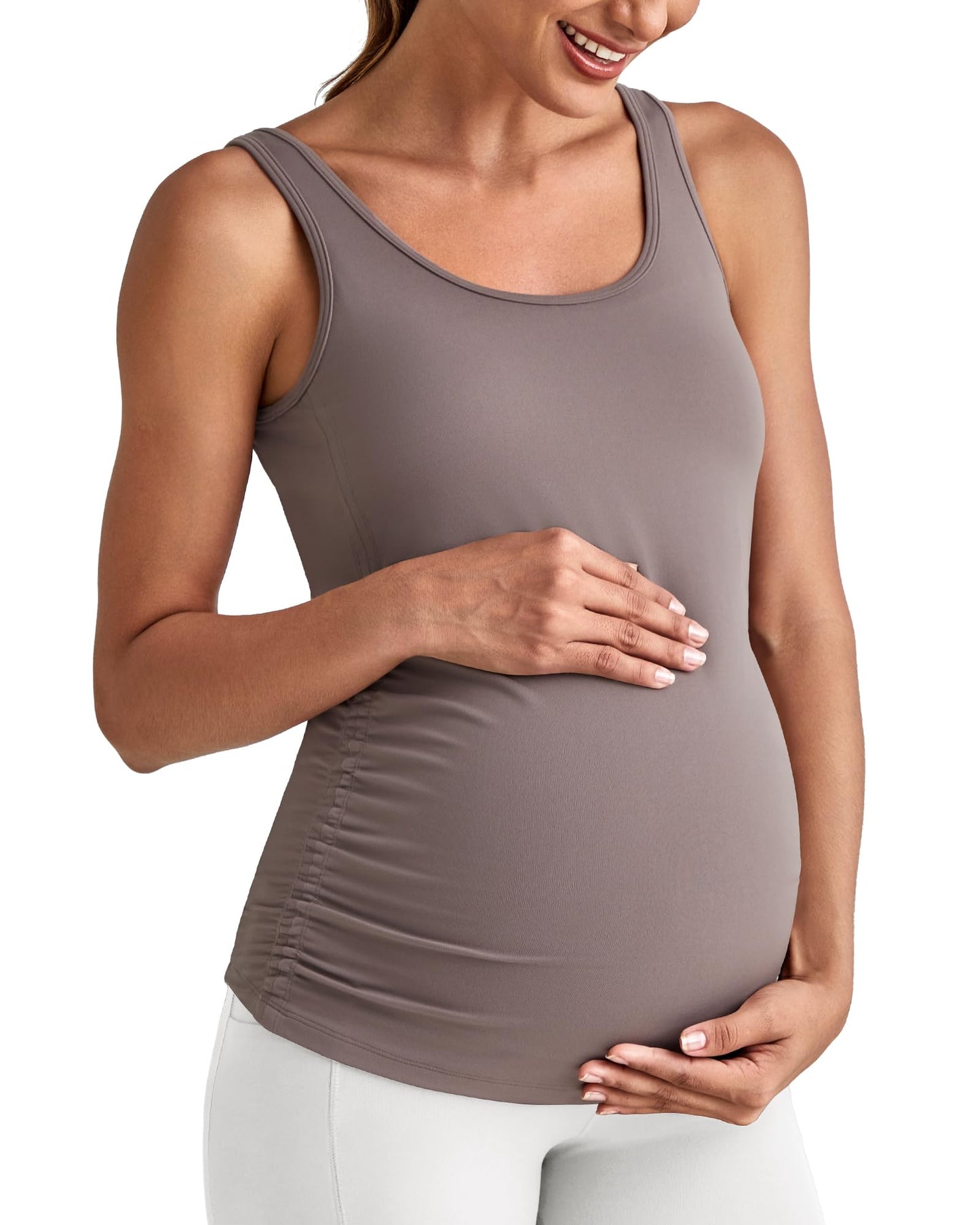 G4Free BareFeel Built in Bra Maternity Tank Tops with Removable Pads Ruched Sleeveless Stretchy Pregnancy Yoga Workout Shirts