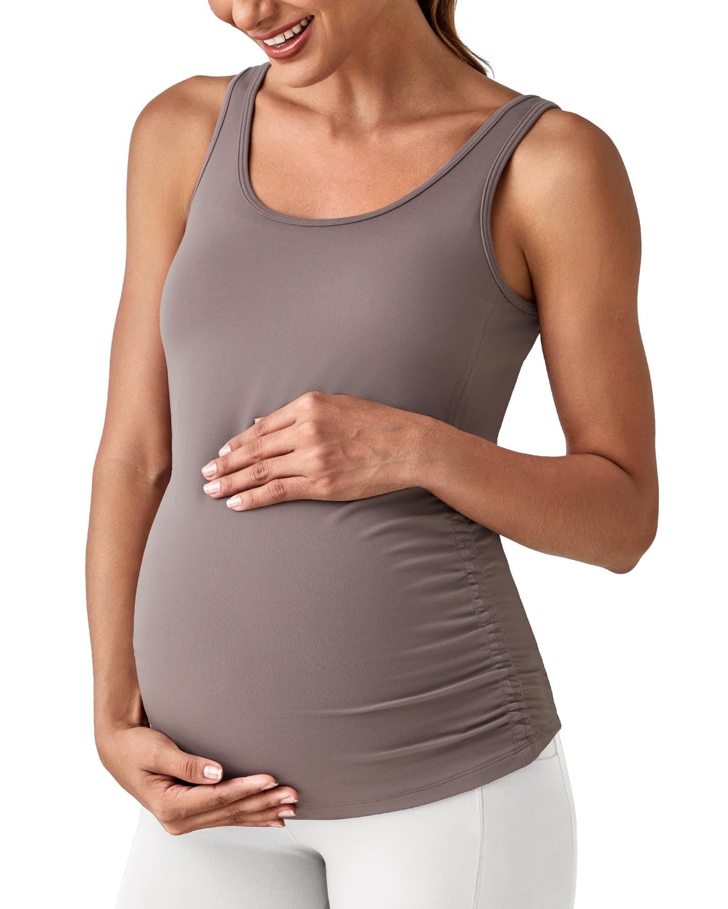 G4Free BareFeel Built in Bra Maternity Tank Tops with Removable Pads Ruched Sleeveless Stretchy Pregnancy Yoga Workout Shirts