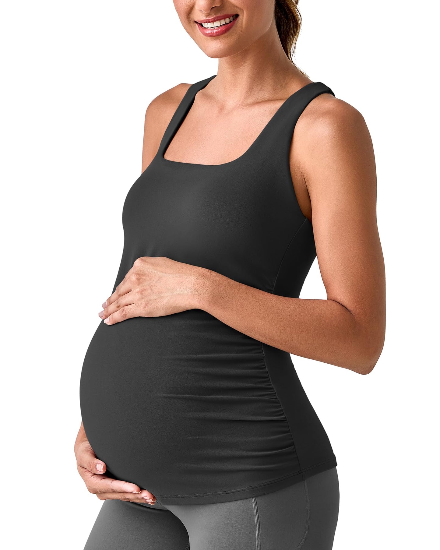 G4Free BareFeel Maternity Racerback Tank Tops with Built in Bra Ruched Sleeveless Square Neck Pregnancy Yoga Workout Shirts