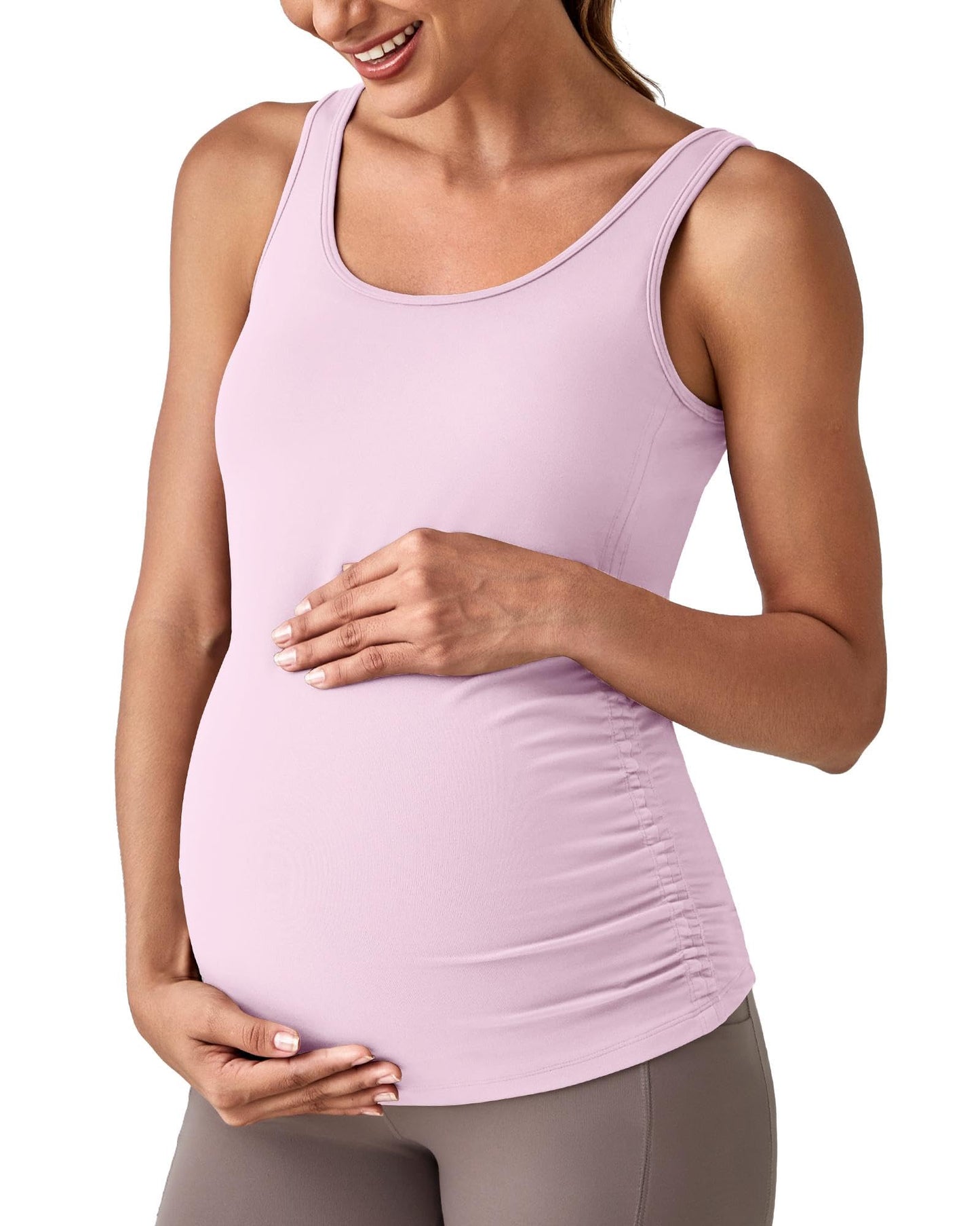 G4Free BareFeel Built in Bra Maternity Tank Tops with Removable Pads Ruched Sleeveless Stretchy Pregnancy Yoga Workout Shirts