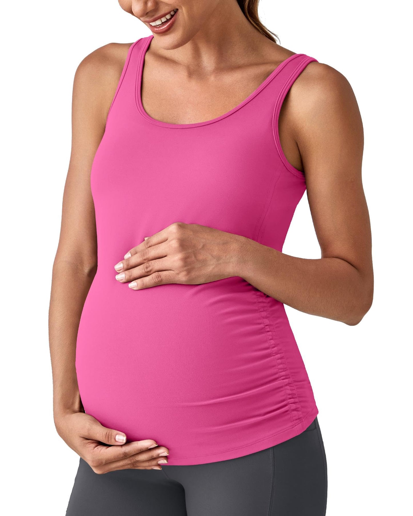 G4Free BareFeel Built in Bra Maternity Tank Tops with Removable Pads Ruched Sleeveless Stretchy Pregnancy Yoga Workout Shirts