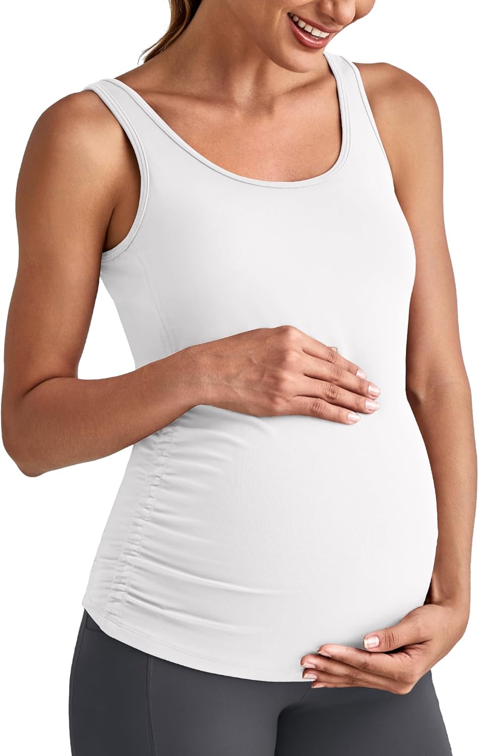 G4Free BareFeel Built in Bra Maternity Tank Tops with Removable Pads Ruched Sleeveless Stretchy Pregnancy Yoga Workout Shirts