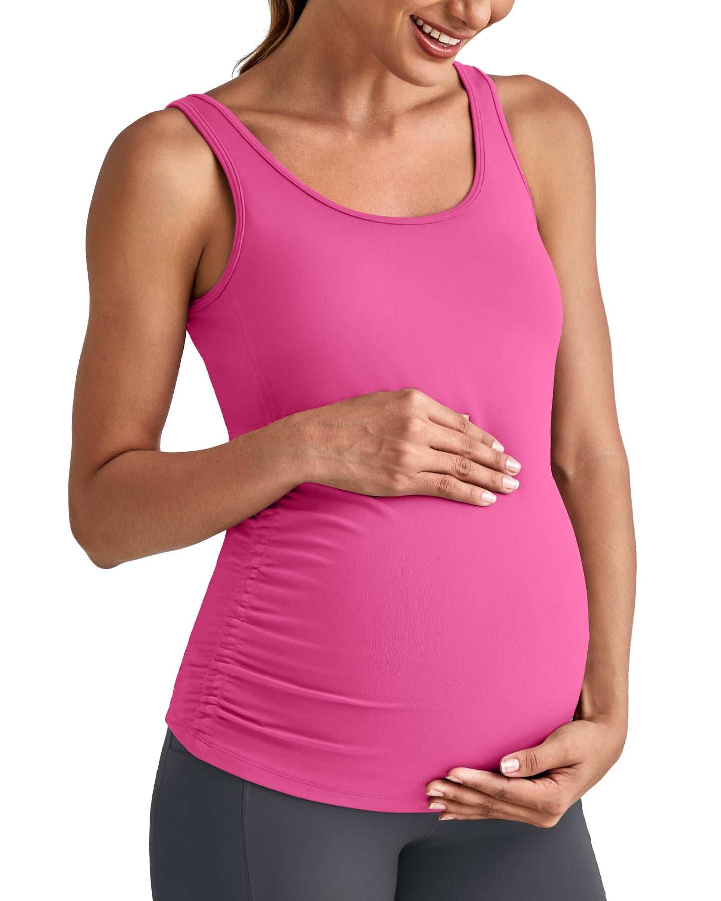 G4Free BareFeel Built in Bra Maternity Tank Tops with Removable Pads Ruched Sleeveless Stretchy Pregnancy Yoga Workout Shirts