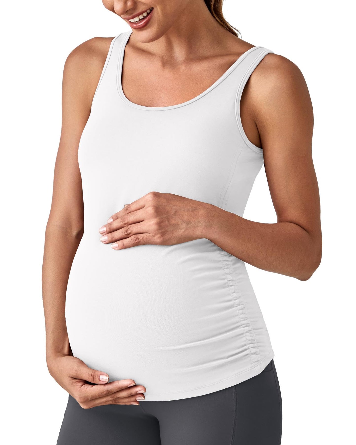 G4Free BareFeel Built in Bra Maternity Tank Tops with Removable Pads Ruched Sleeveless Stretchy Pregnancy Yoga Workout Shirts