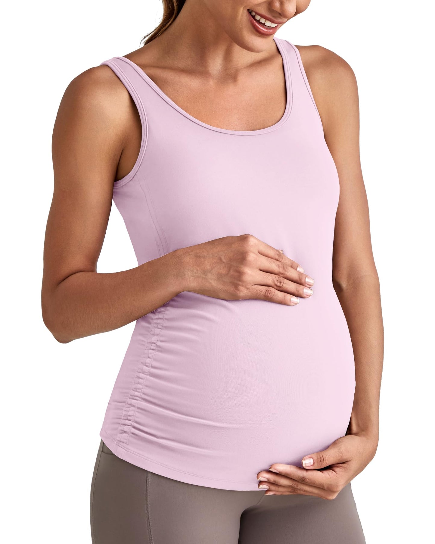 G4Free BareFeel Built in Bra Maternity Tank Tops with Removable Pads Ruched Sleeveless Stretchy Pregnancy Yoga Workout Shirts