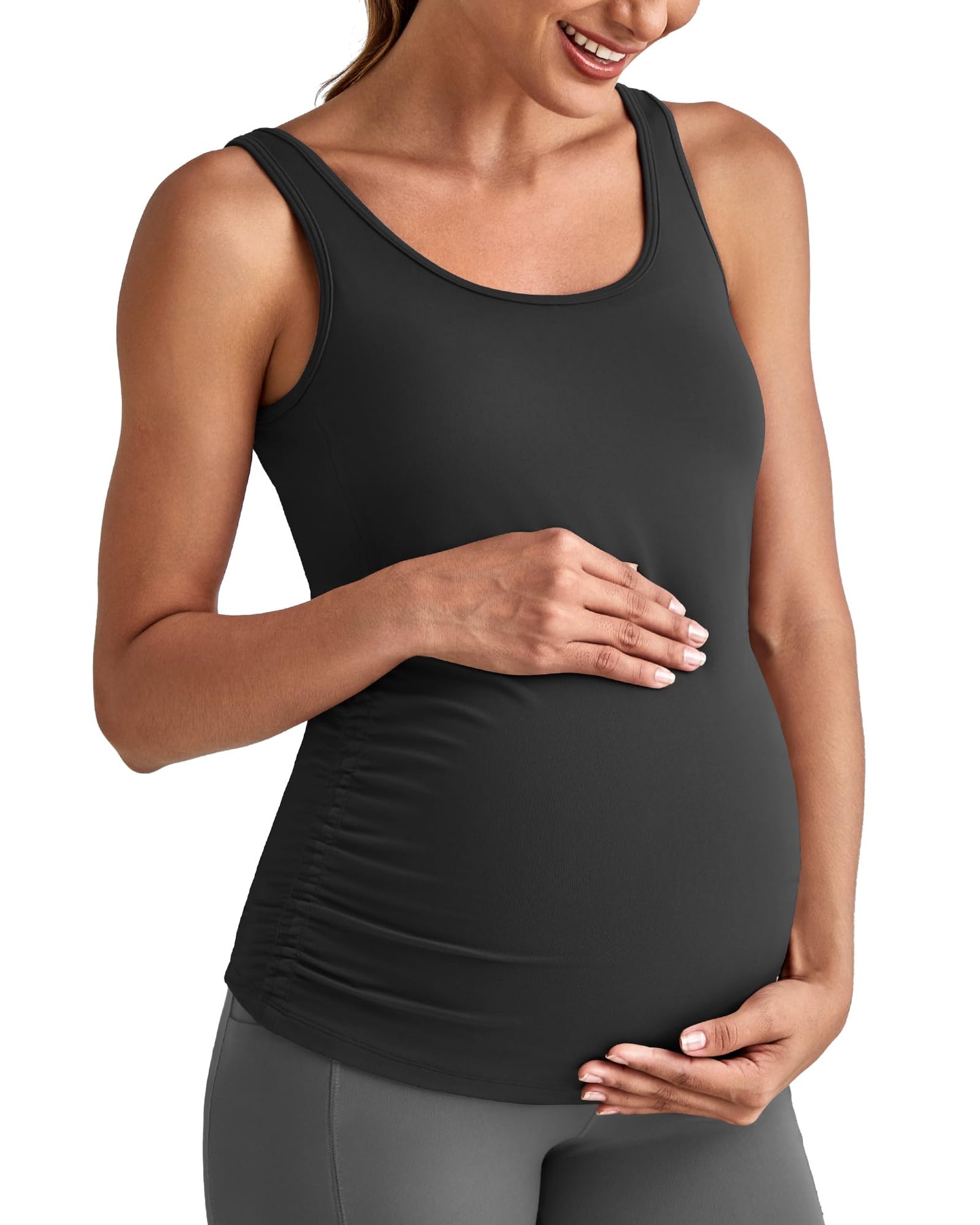 G4Free BareFeel Built in Bra Maternity Tank Tops with Removable Pads Ruched Sleeveless Stretchy Pregnancy Yoga Workout Shirts