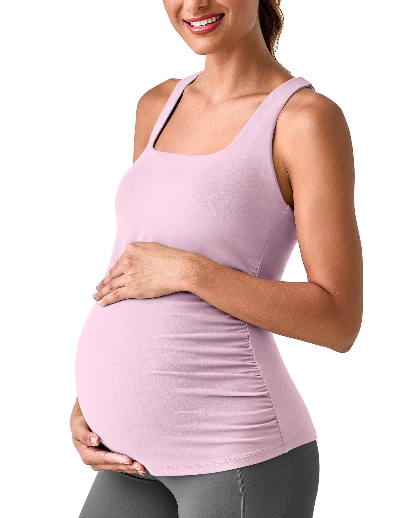 G4Free BareFeel Maternity Racerback Tank Tops with Built in Bra Ruched Sleeveless Square Neck Pregnancy Yoga Workout Shirts