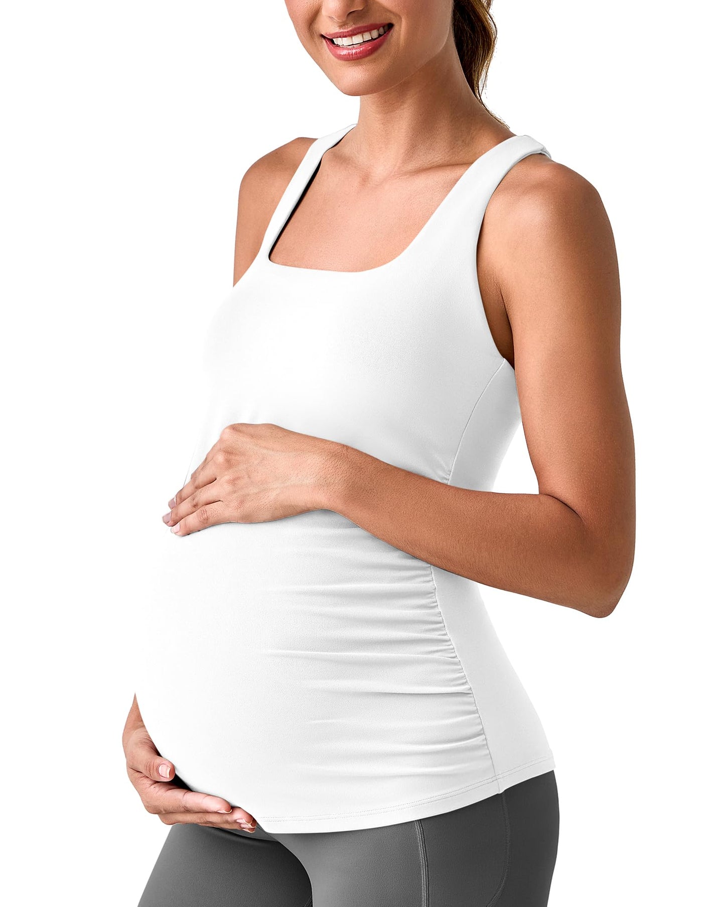 G4Free BareFeel Maternity Racerback Tank Tops with Built in Bra Ruched Sleeveless Square Neck Pregnancy Yoga Workout Shirts