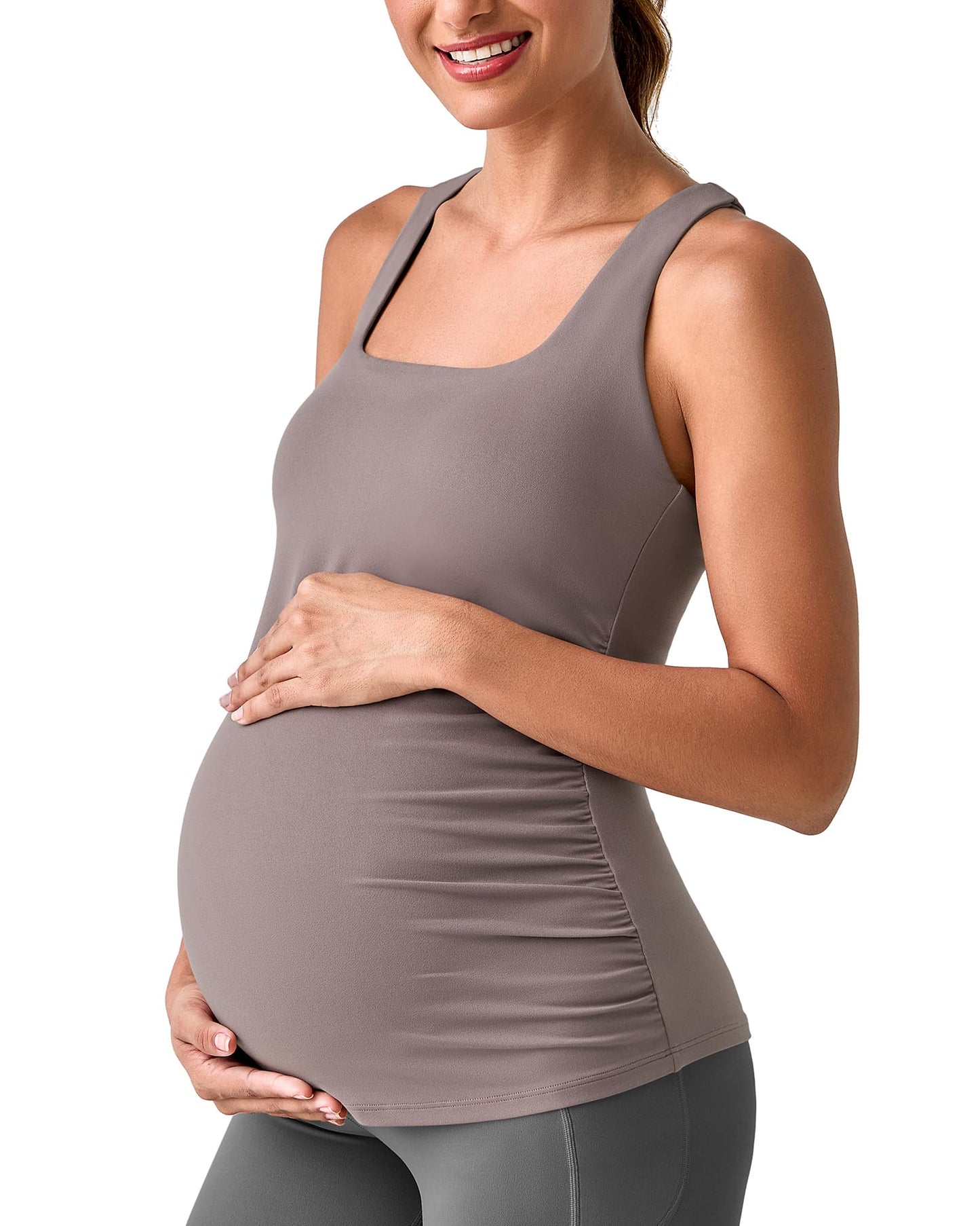 G4Free BareFeel Maternity Racerback Tank Tops with Built in Bra Ruched Sleeveless Square Neck Pregnancy Yoga Workout Shirts