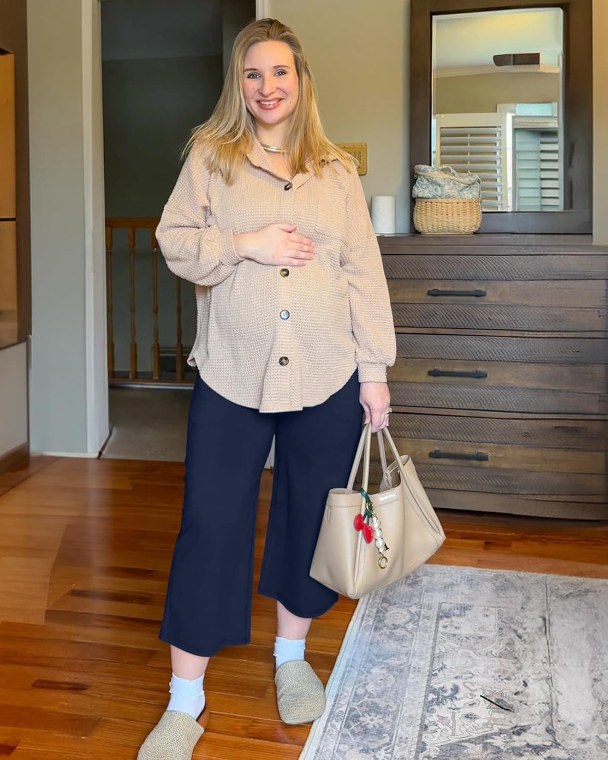 G4Free Wide Leg Maternity Yoga Capris Over The Belly Stretch Pregnancy Cropped Pants with Pockets