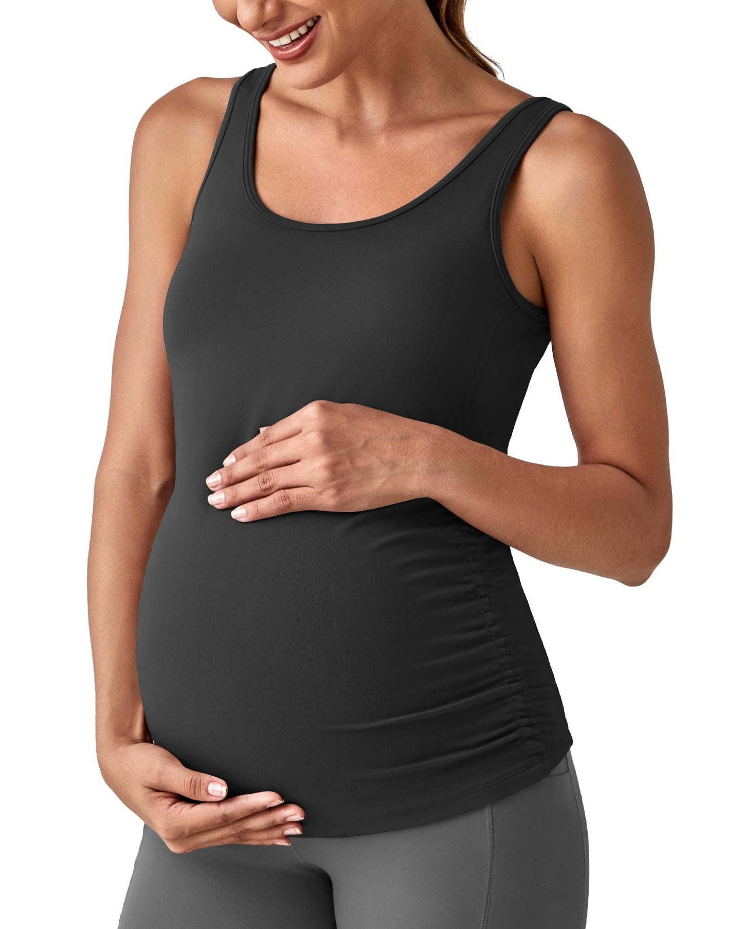 G4Free BareFeel Built in Bra Maternity Tank Tops with Removable Pads Ruched Sleeveless Stretchy Pregnancy Yoga Workout Shirts