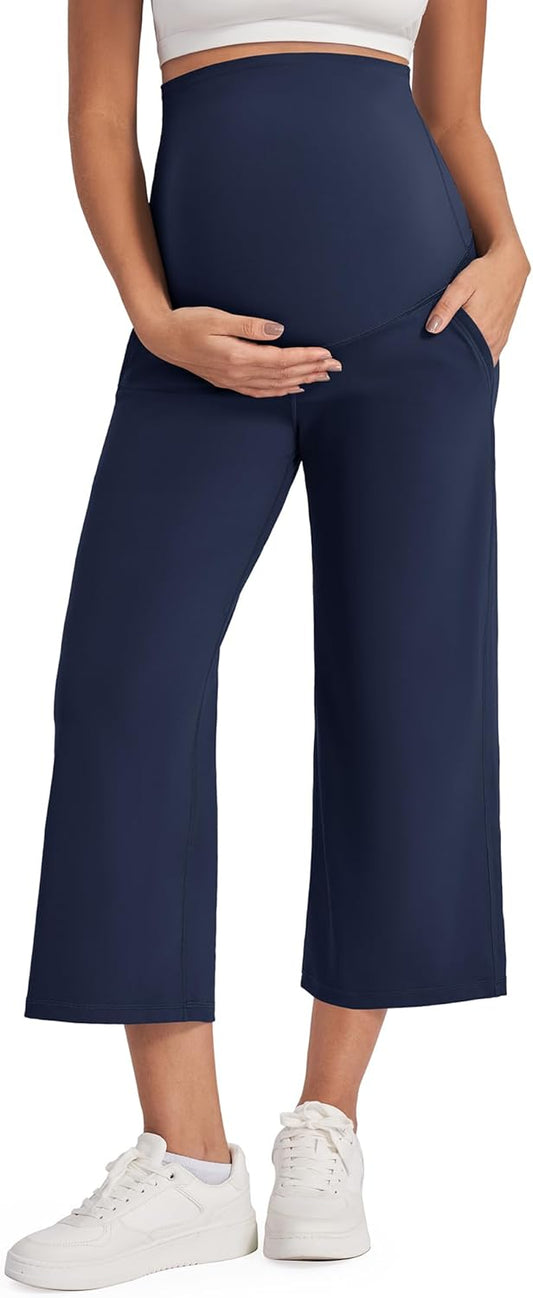 G4Free Wide Leg Maternity Yoga Capris Over The Belly Stretch Pregnancy Cropped Pants with Pockets