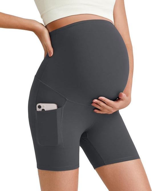G4Free Barefeel Maternity Biker Shorts with Pockets Over The Belly Legging 5" Pregnancy Yoga Pants Athletic Workout