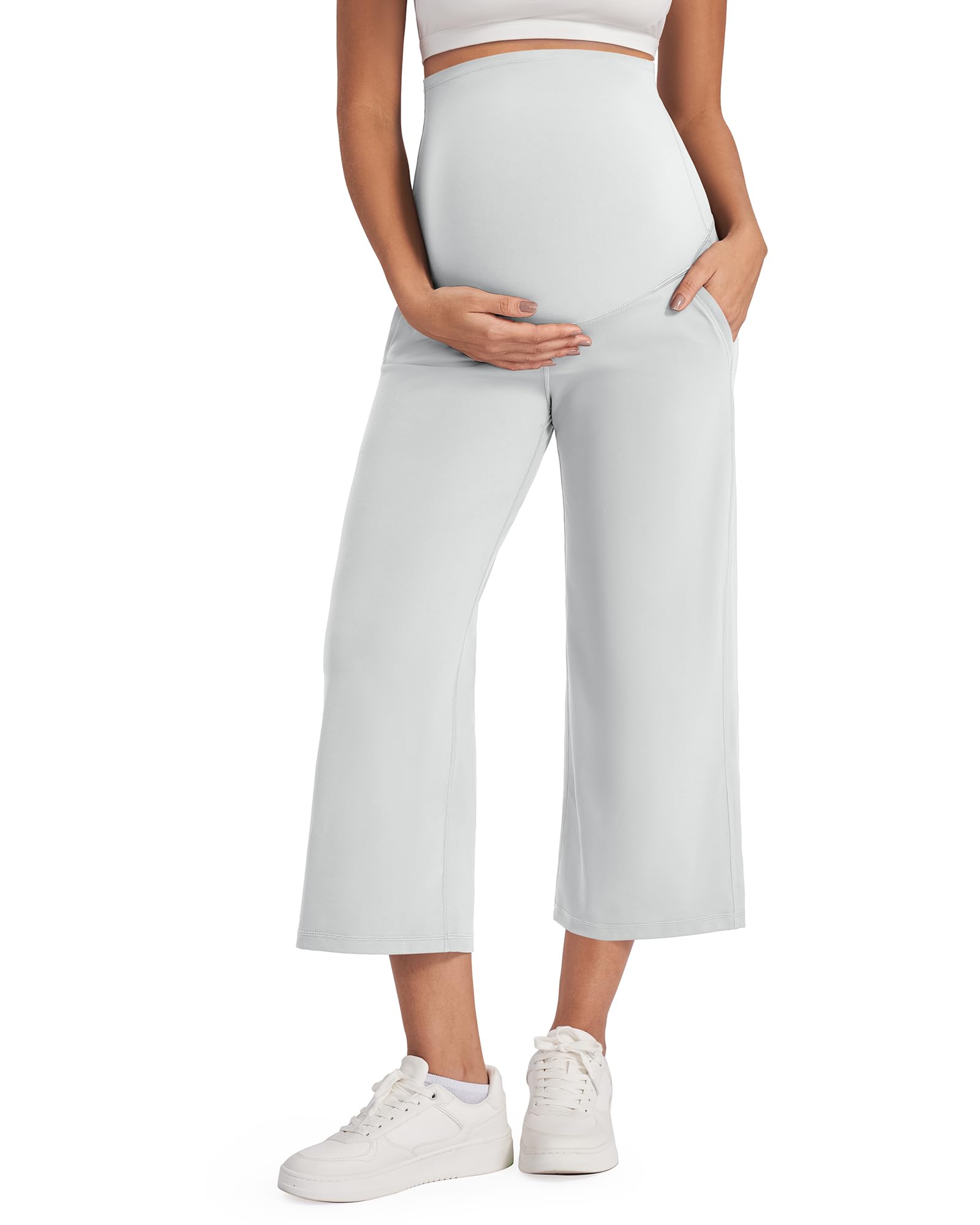 G4Free Wide Leg Maternity Yoga Capris Over The Belly Stretch Pregnancy Cropped Pants with Pockets