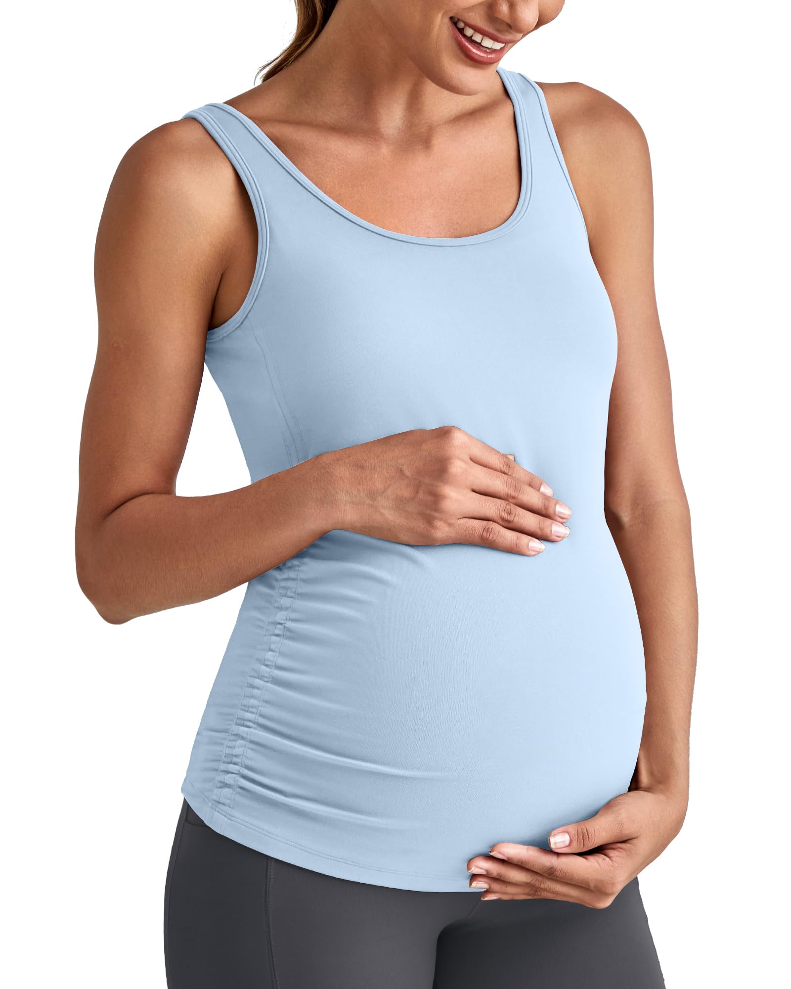 G4Free BareFeel Built in Bra Maternity Tank Tops with Removable Pads Ruched Sleeveless Stretchy Pregnancy Yoga Workout Shirts