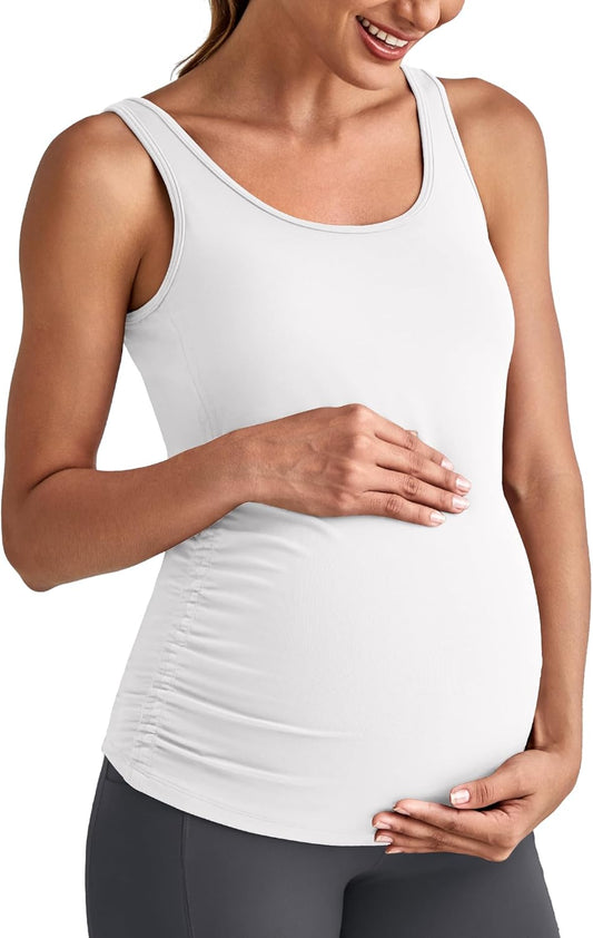G4Free BareFeel Built in Bra Maternity Tank Tops with Removable Pads Ruched Sleeveless Stretchy Pregnancy Yoga Workout Shirts