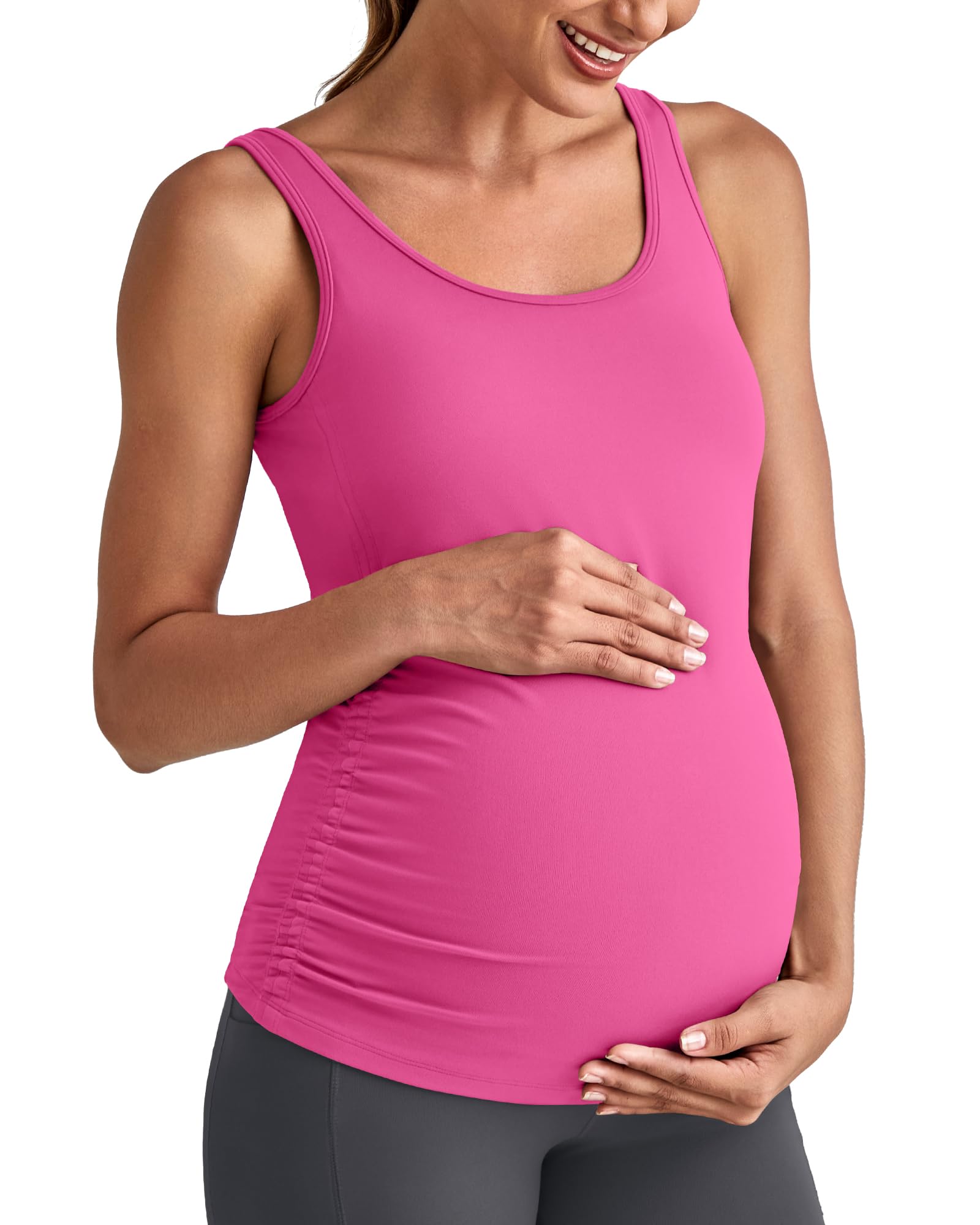 G4Free BareFeel Built in Bra Maternity Tank Tops with Removable Pads Ruched Sleeveless Stretchy Pregnancy Yoga Workout Shirts