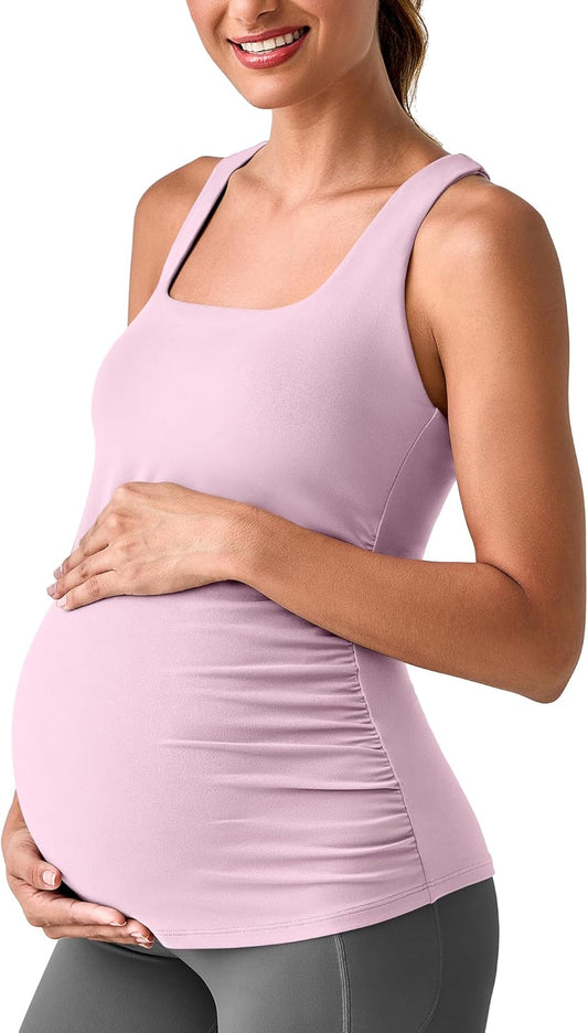 G4Free BareFeel Maternity Racerback Tank Tops with Built in Bra Ruched Sleeveless Square Neck Pregnancy Yoga Workout Shirts