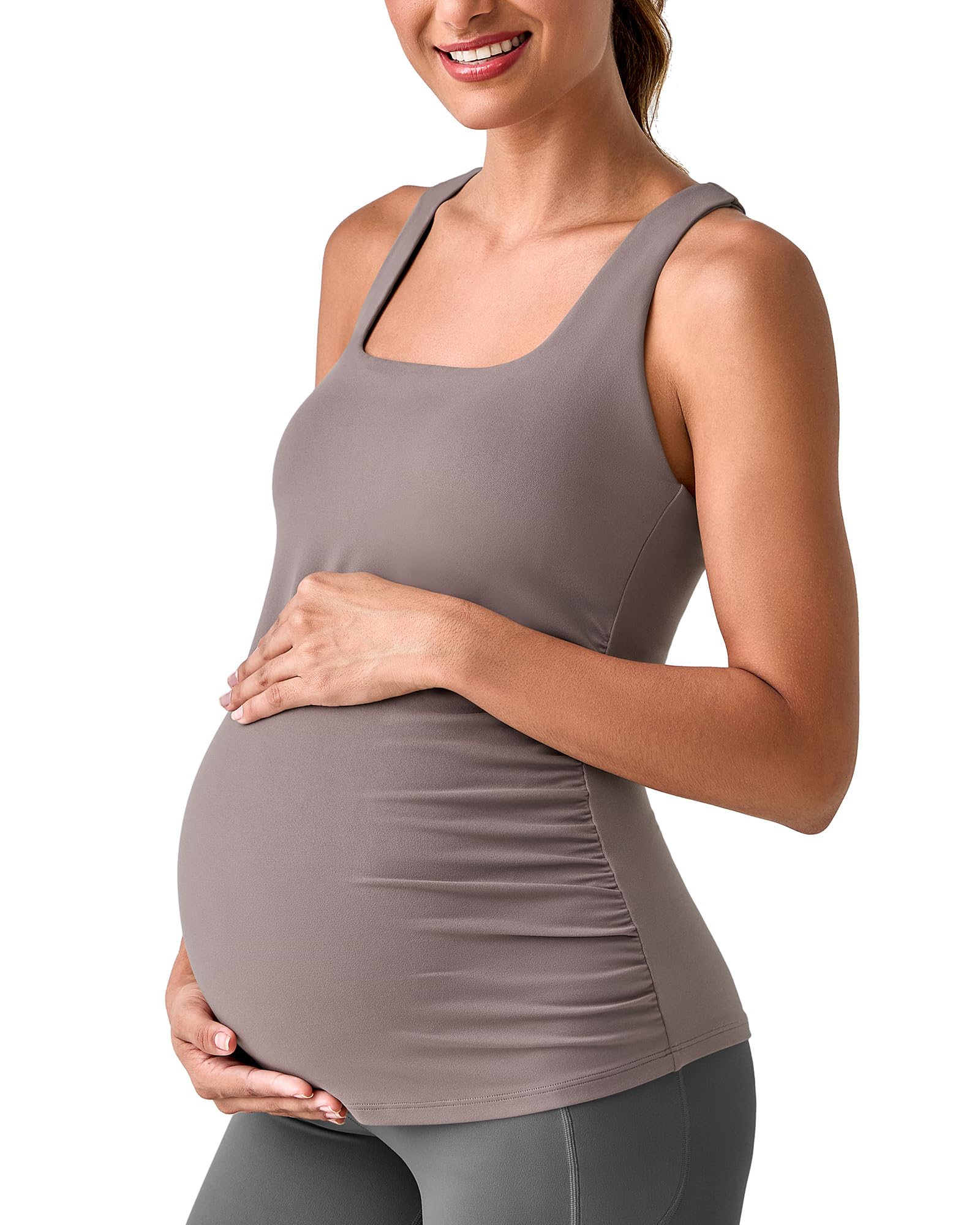 G4Free BareFeel Maternity Racerback Tank Tops with Built in Bra Ruched Sleeveless Square Neck Pregnancy Yoga Workout Shirts